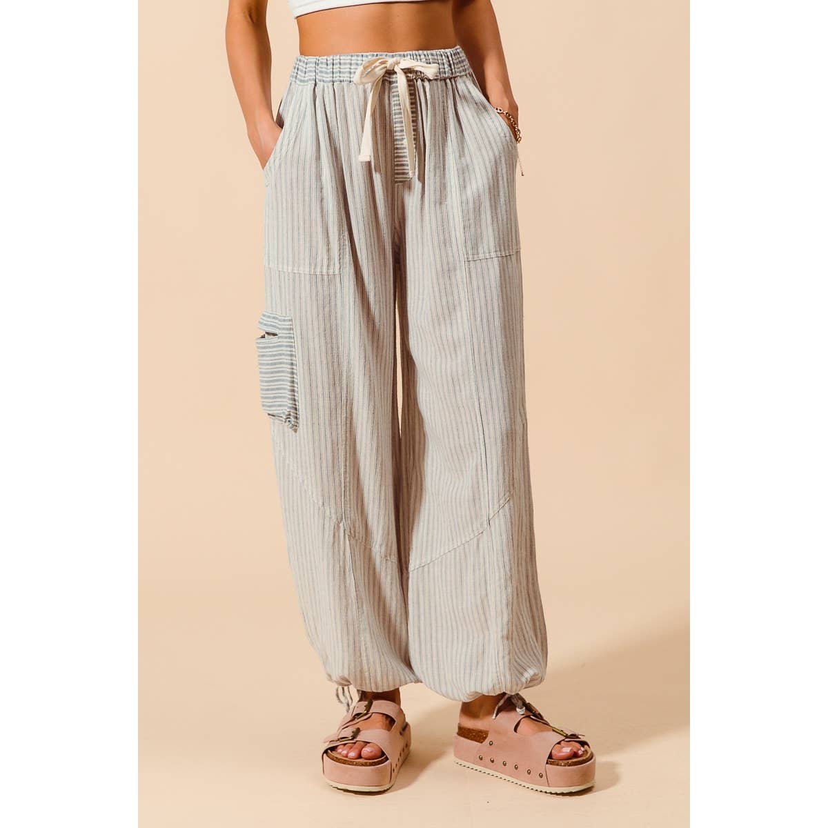 Denim Stripe Balloon Blocked Pants
