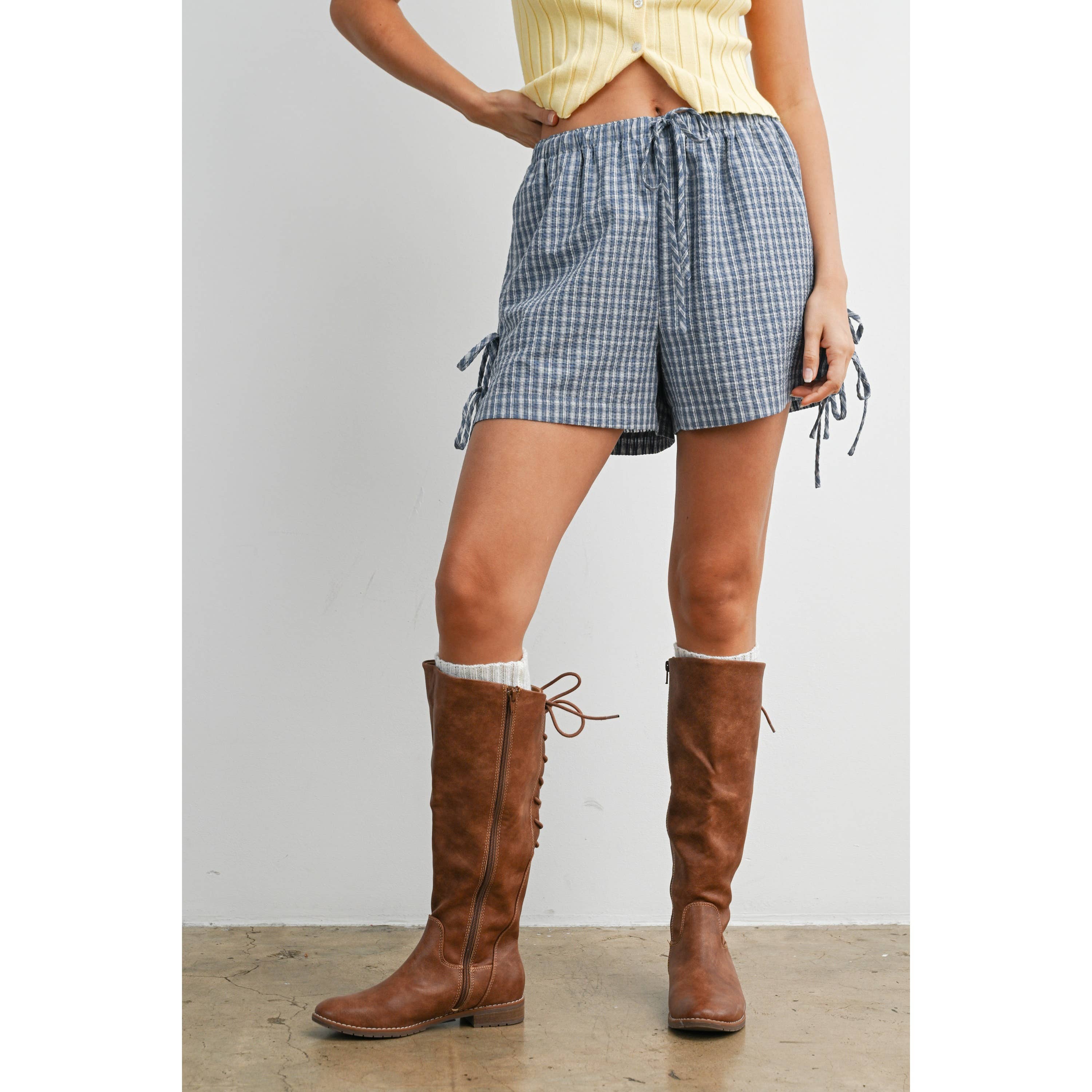 Navy Plaid Side-Tie Elastic Waist Shorts