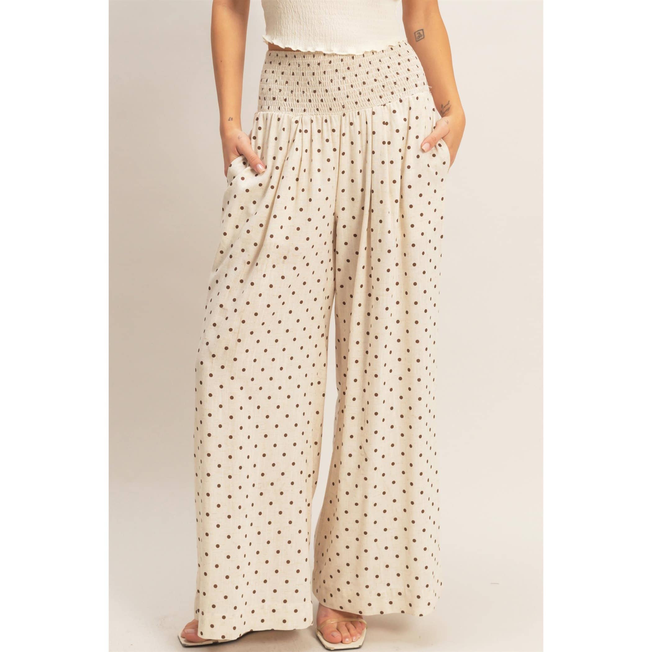 Oatmeal Polka Dot Elastic Wide-Leg Pants