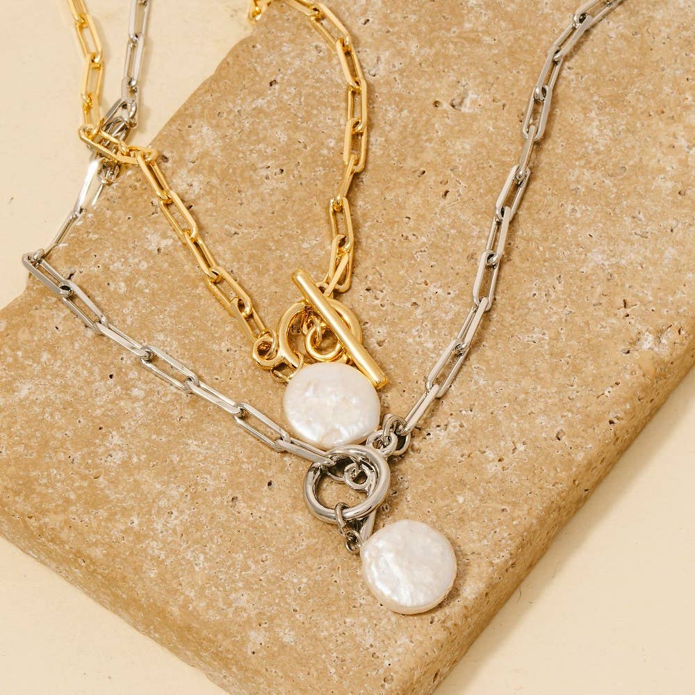 Toggle Chain Link Disc Pearl Charm Necklace