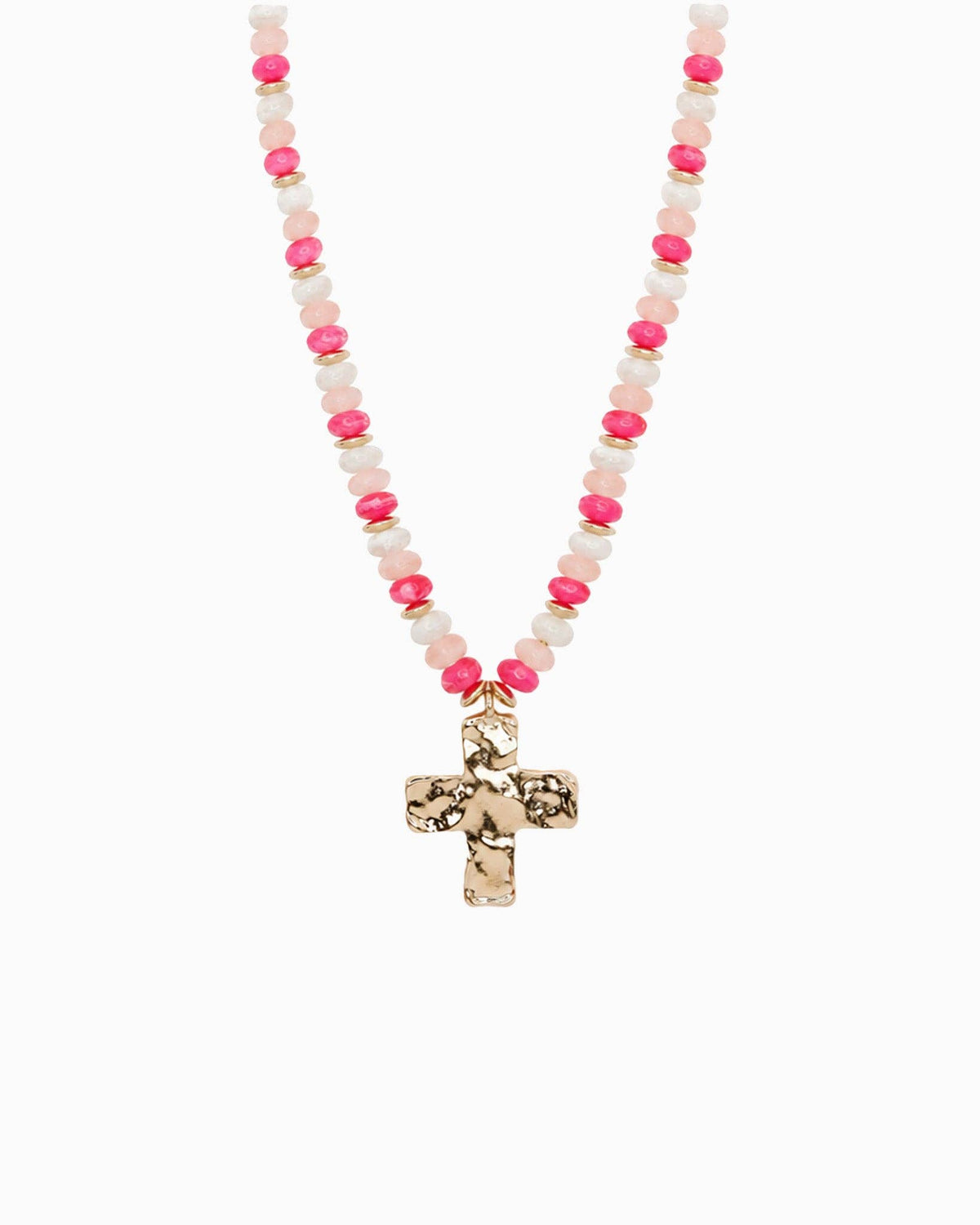 Hammered Cross Beaded Necklace: Brown
