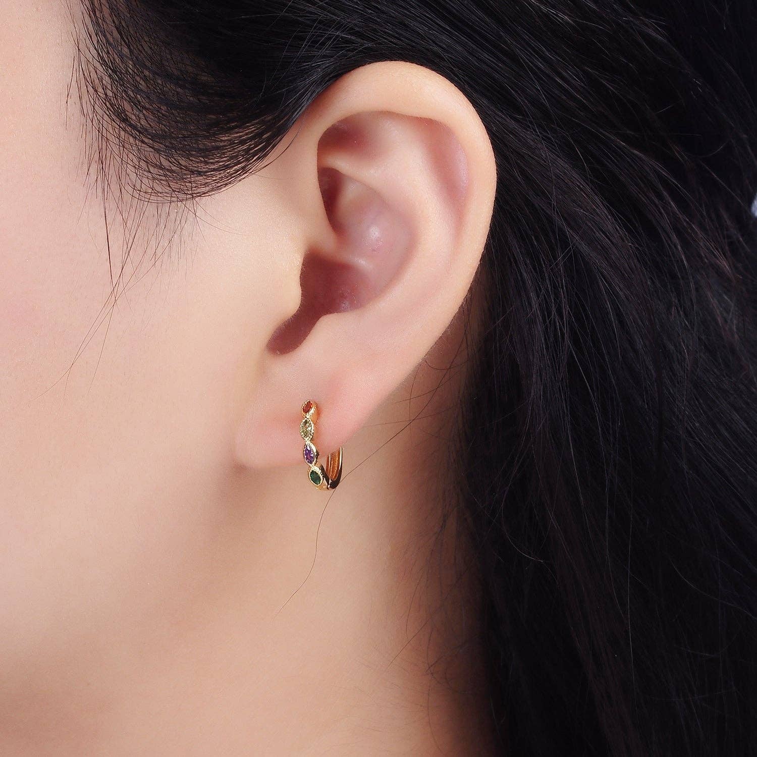 14K Gold Filled Multicolor Marquise Lined 13mm Huggies