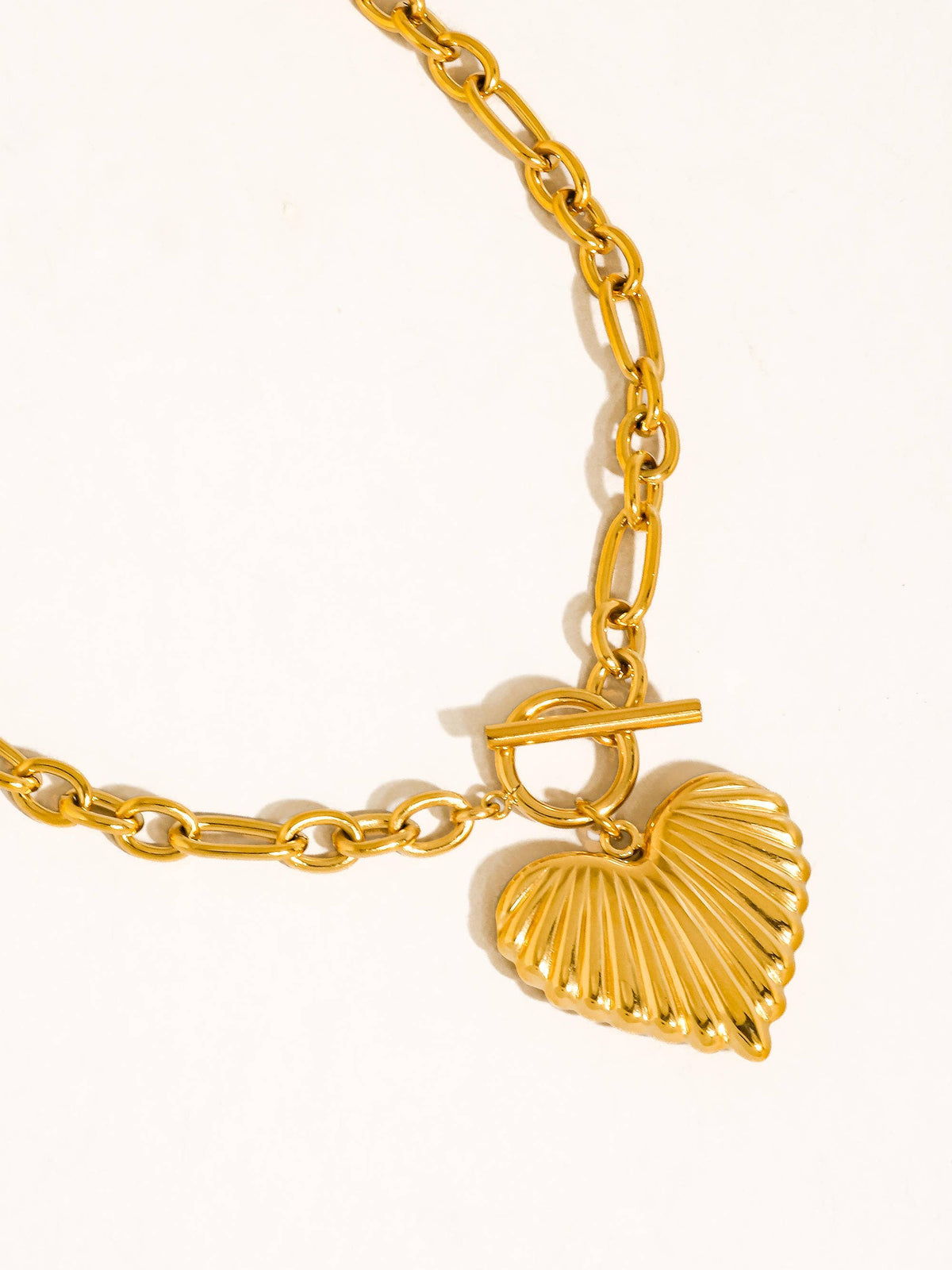 Gold Non-Tarnish Large Ribbed Heart Necklace