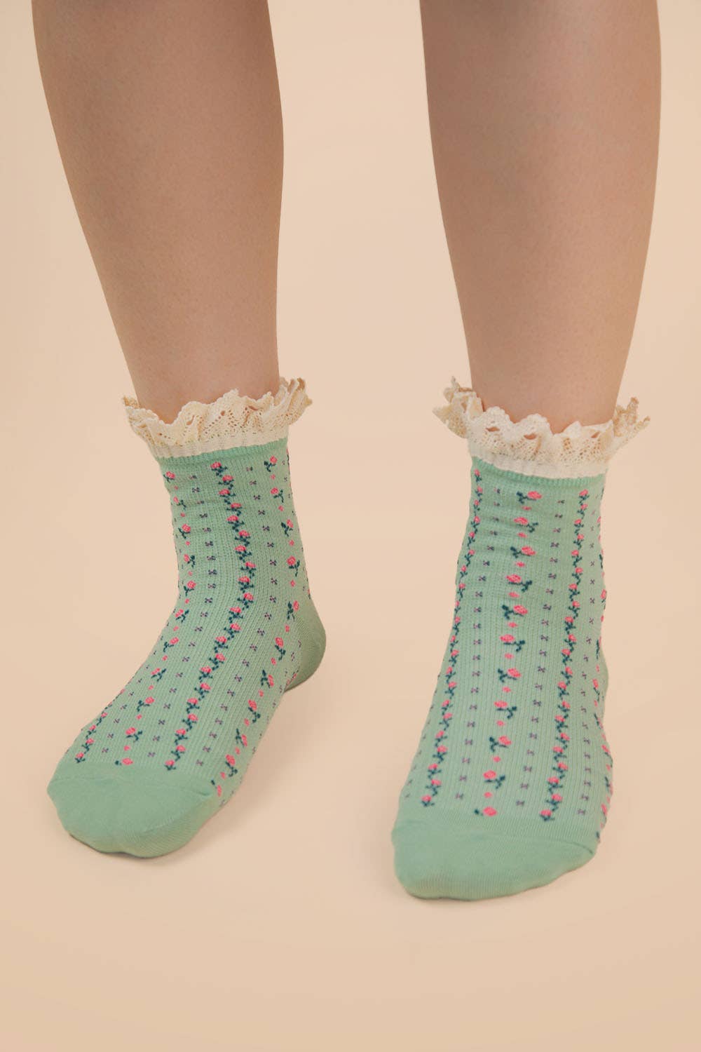 Sage Lace Trim Floral Crew Socks