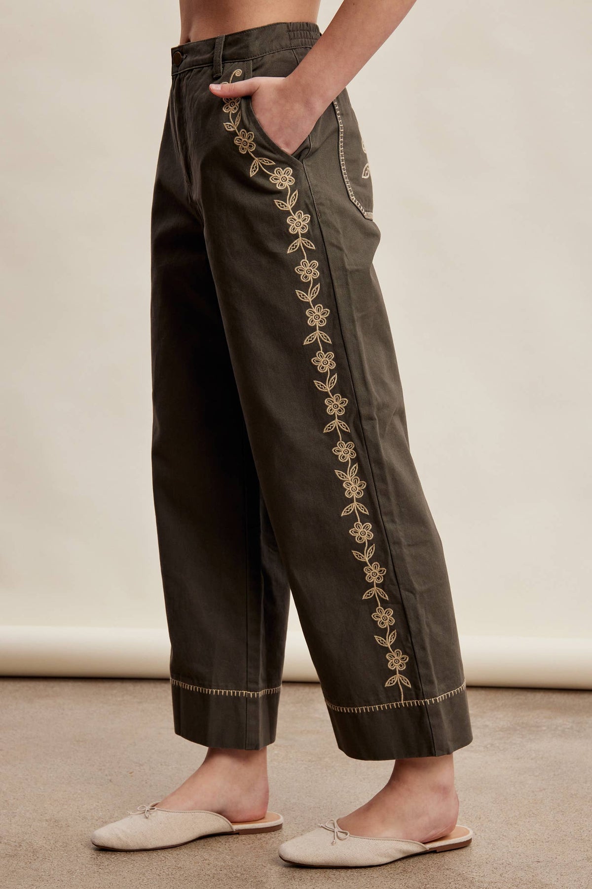 Olive Floral Embroidered Crop Wide-Leg Pants