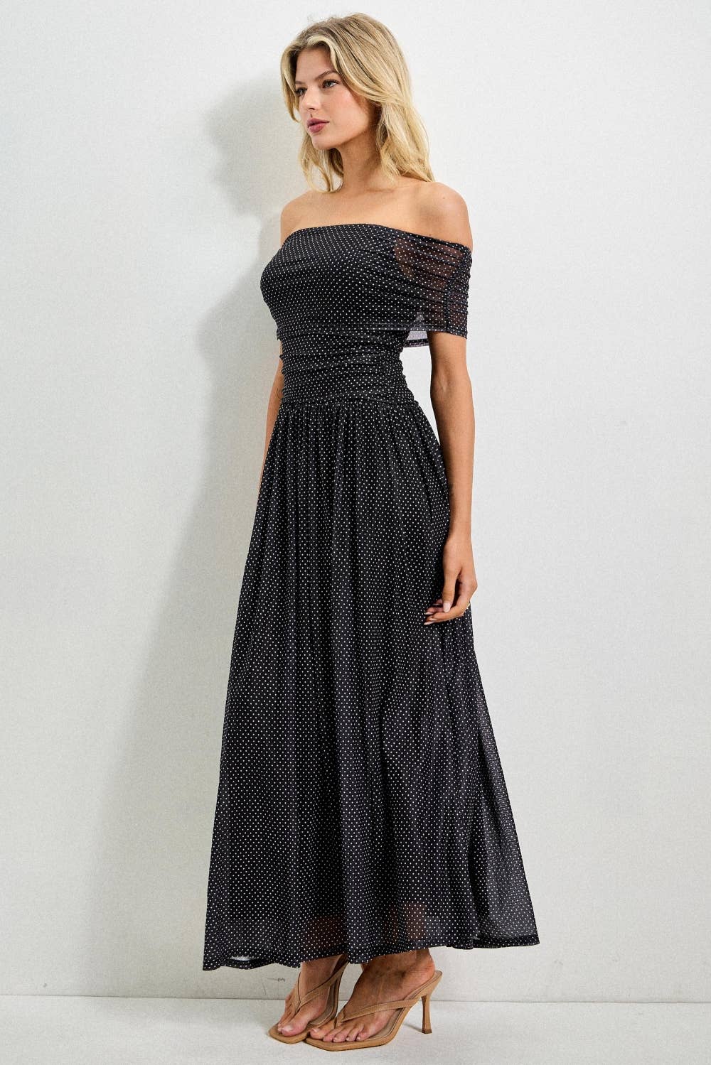 Black Polka Dot Off-Shoulder Smocked Maxi Dress - FINAL SALE
