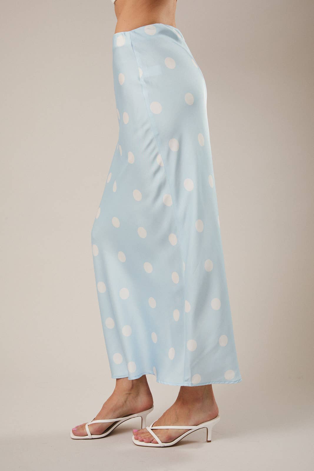 Blue Satin Midi Polka Dot Skirt