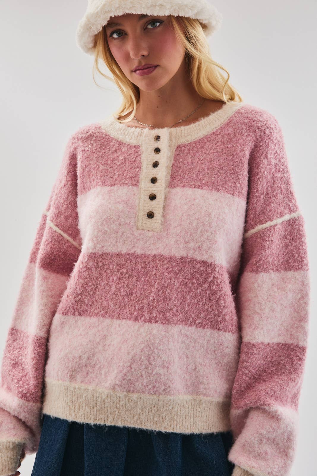 Pink Stripe Long Sleeve Knit Henley
