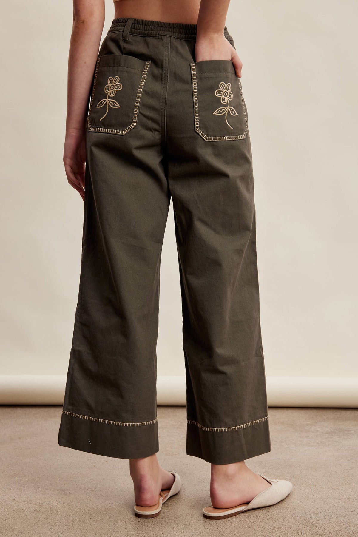 Olive Floral Embroidered Crop Wide-Leg Pants