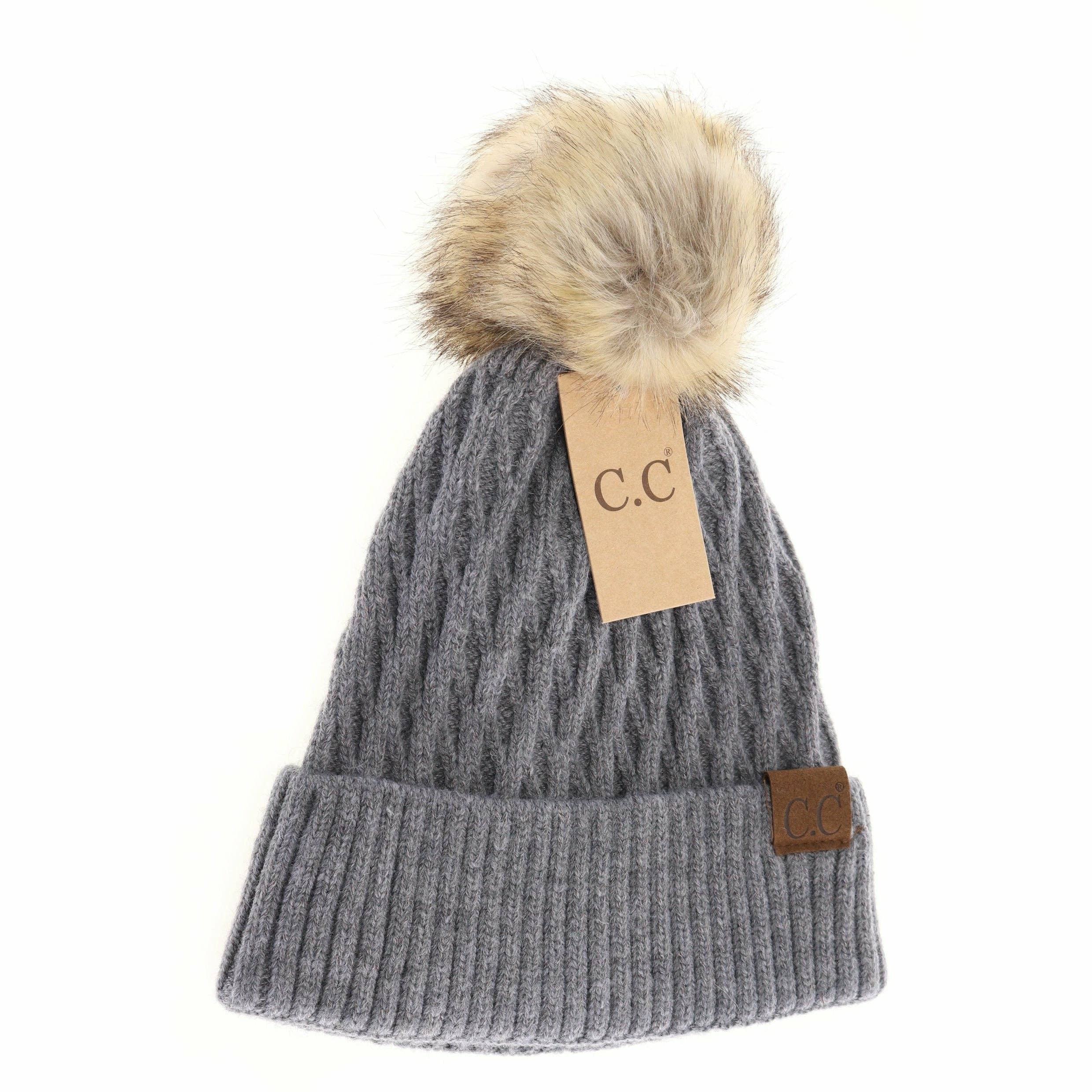 Grey Solid Honey Comb Fur Pom Beanie