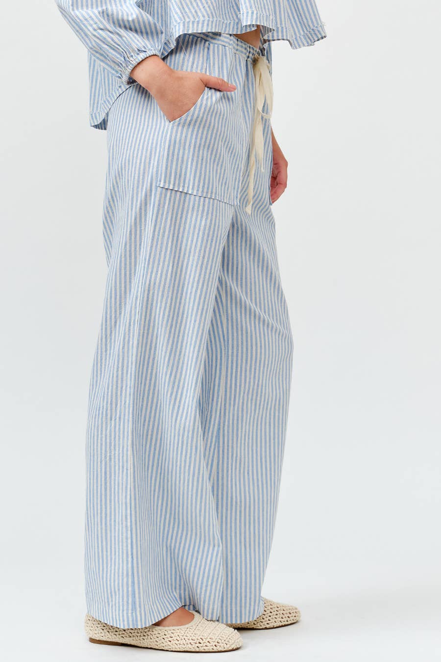 Blue Striped Wide Linen Pants