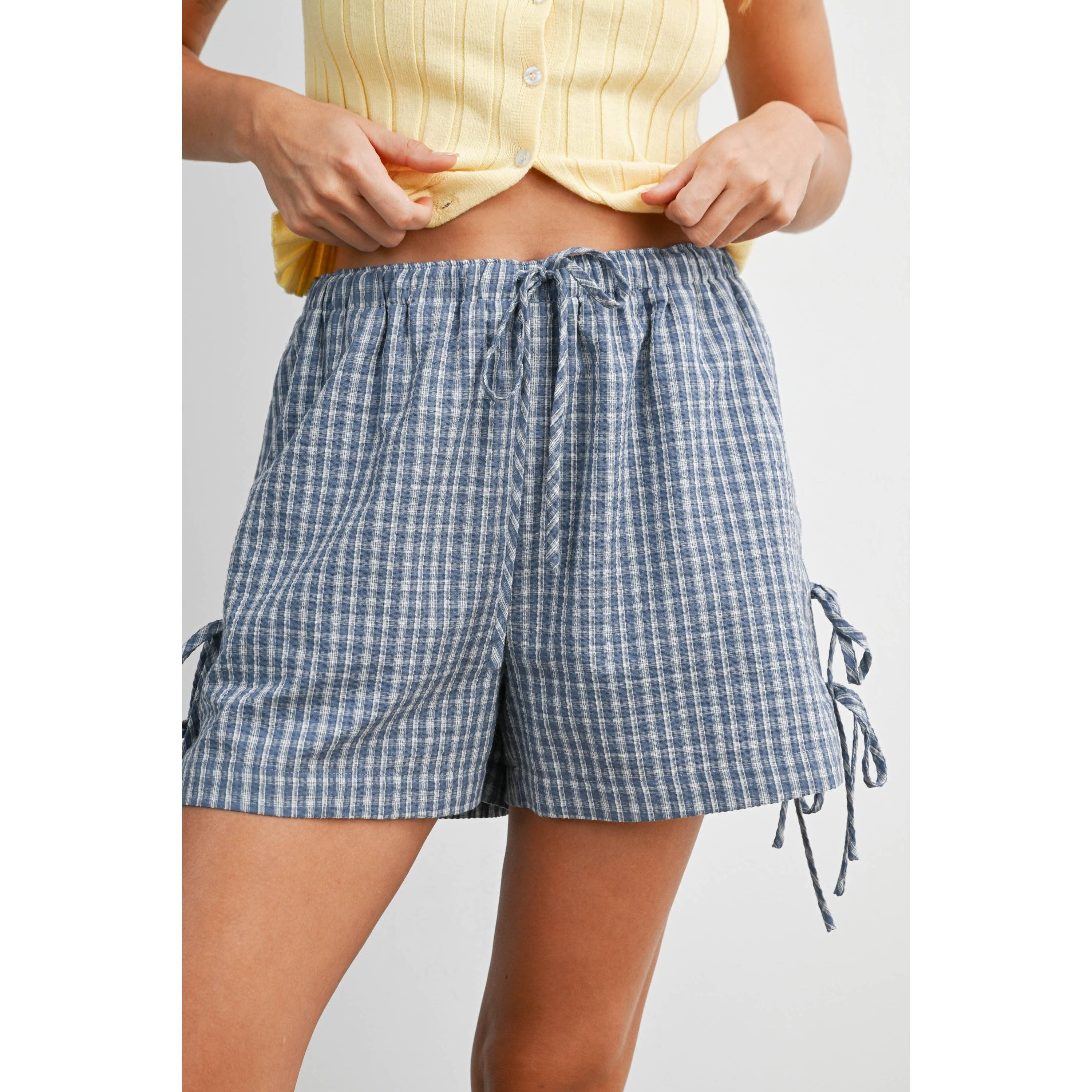 Navy Plaid Side-Tie Elastic Waist Shorts
