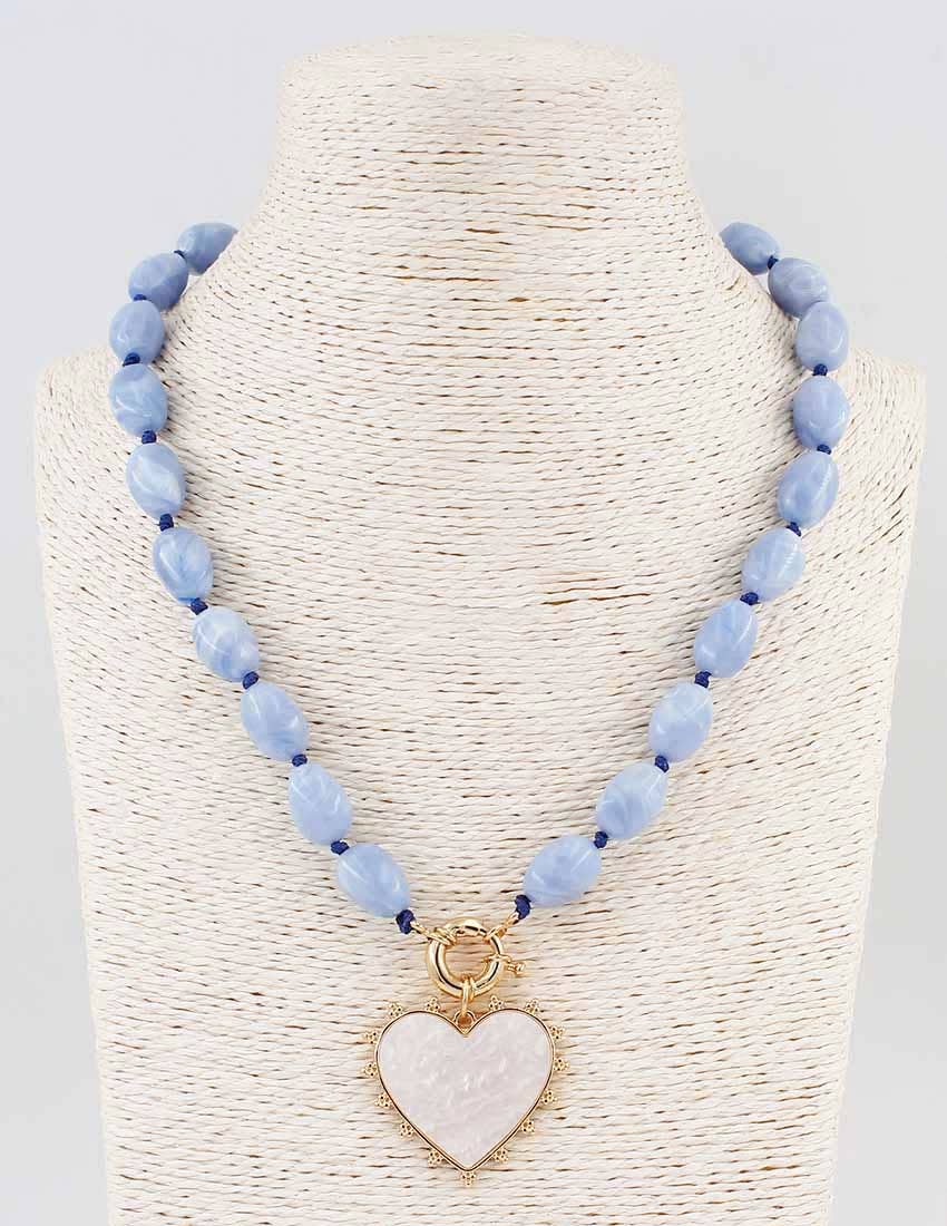Blue Beaded Pearlized Heart Necklace