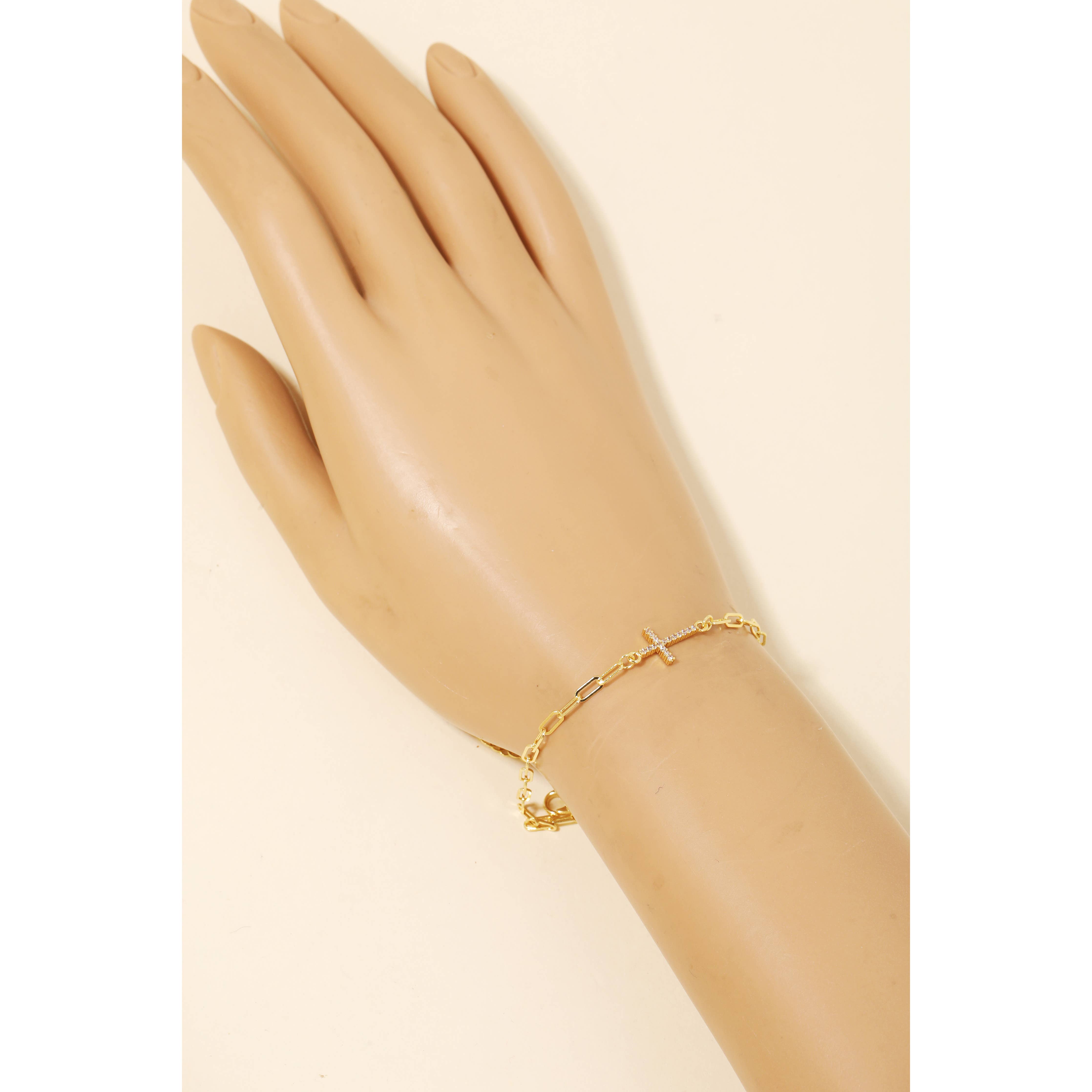 Gold Dipped Pave Cross Charm Chain Bracelet