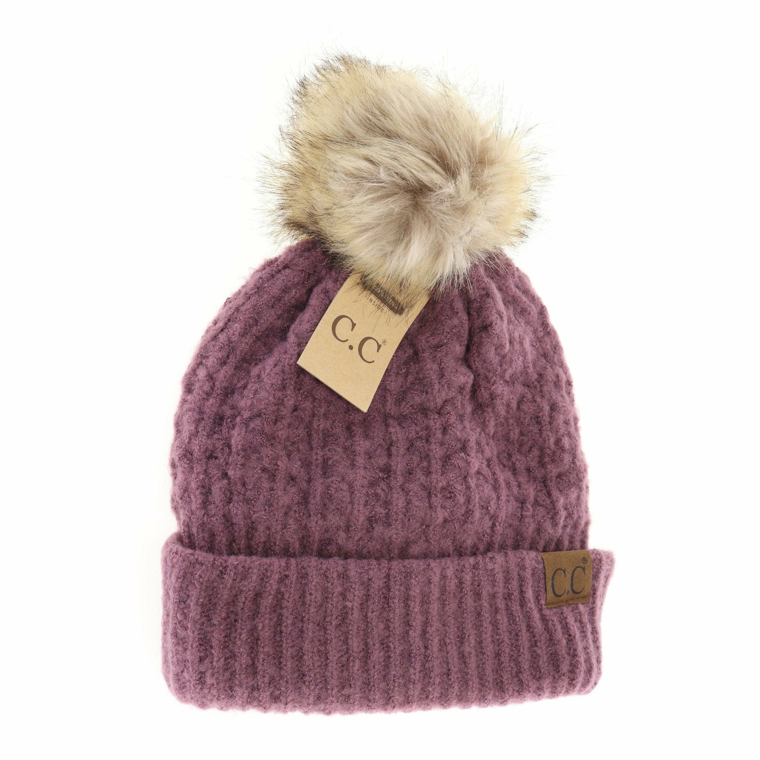 Berry Smocked Stitch Fur Pom Beanie