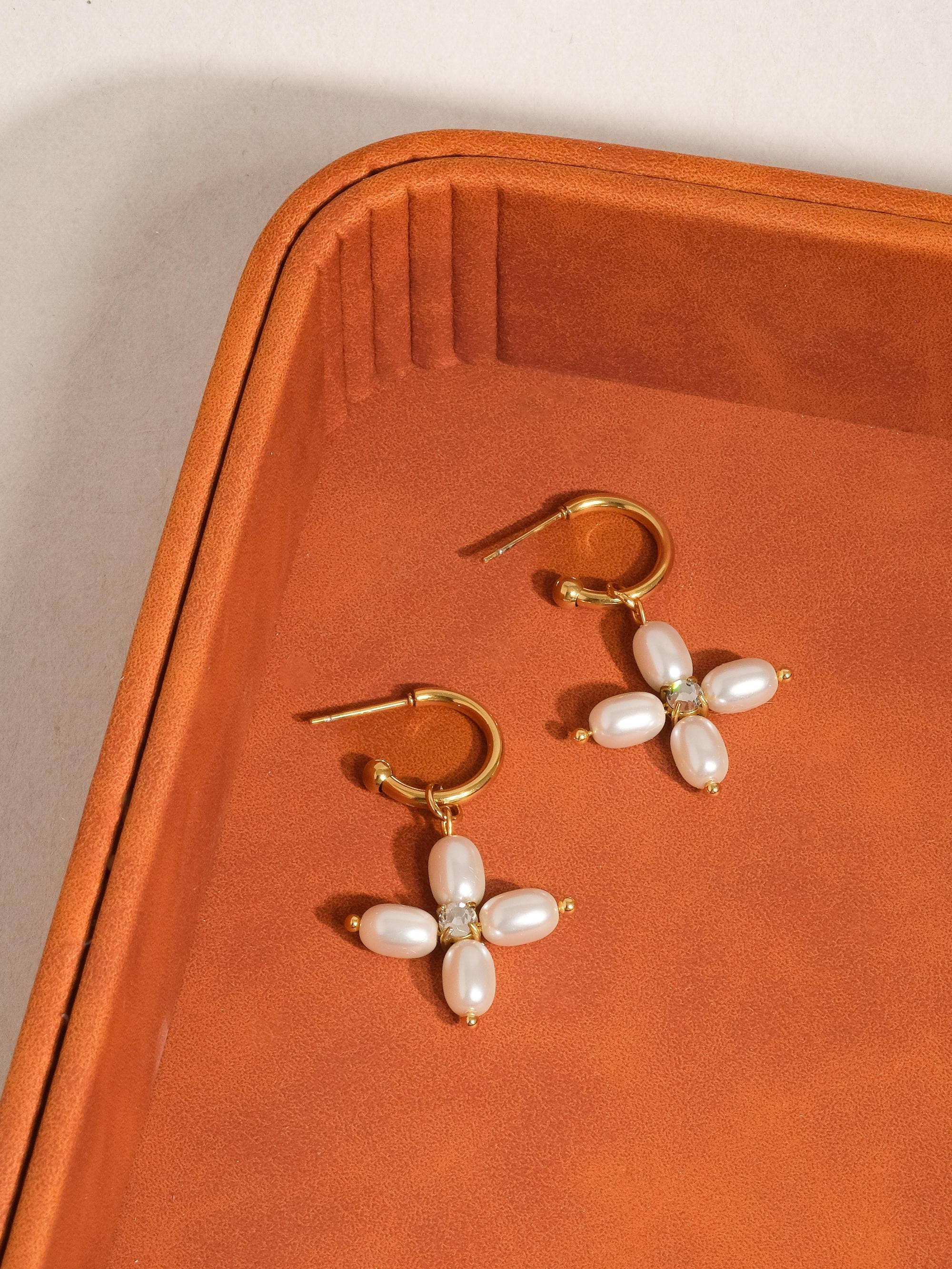 18K Gold Non-Tarnish Pearl Cross Earring