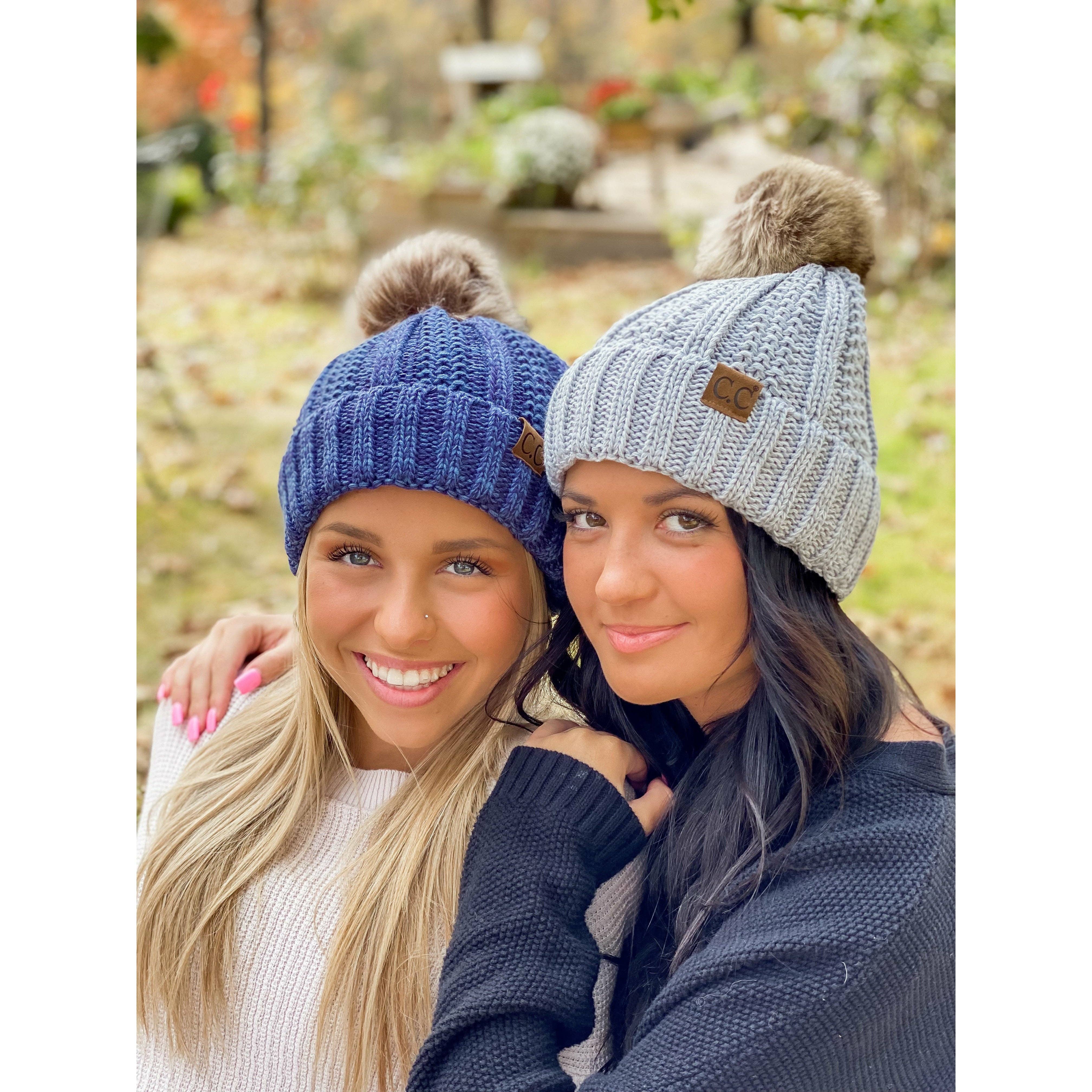 Grey Fuzzy Lined Multi Tone Fur Pom Beanie