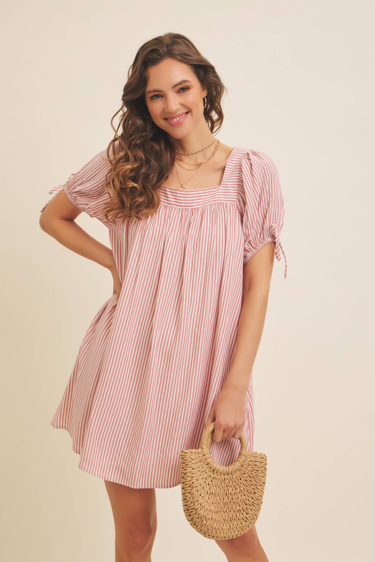 Pale Red Square Neck Stripe Dress