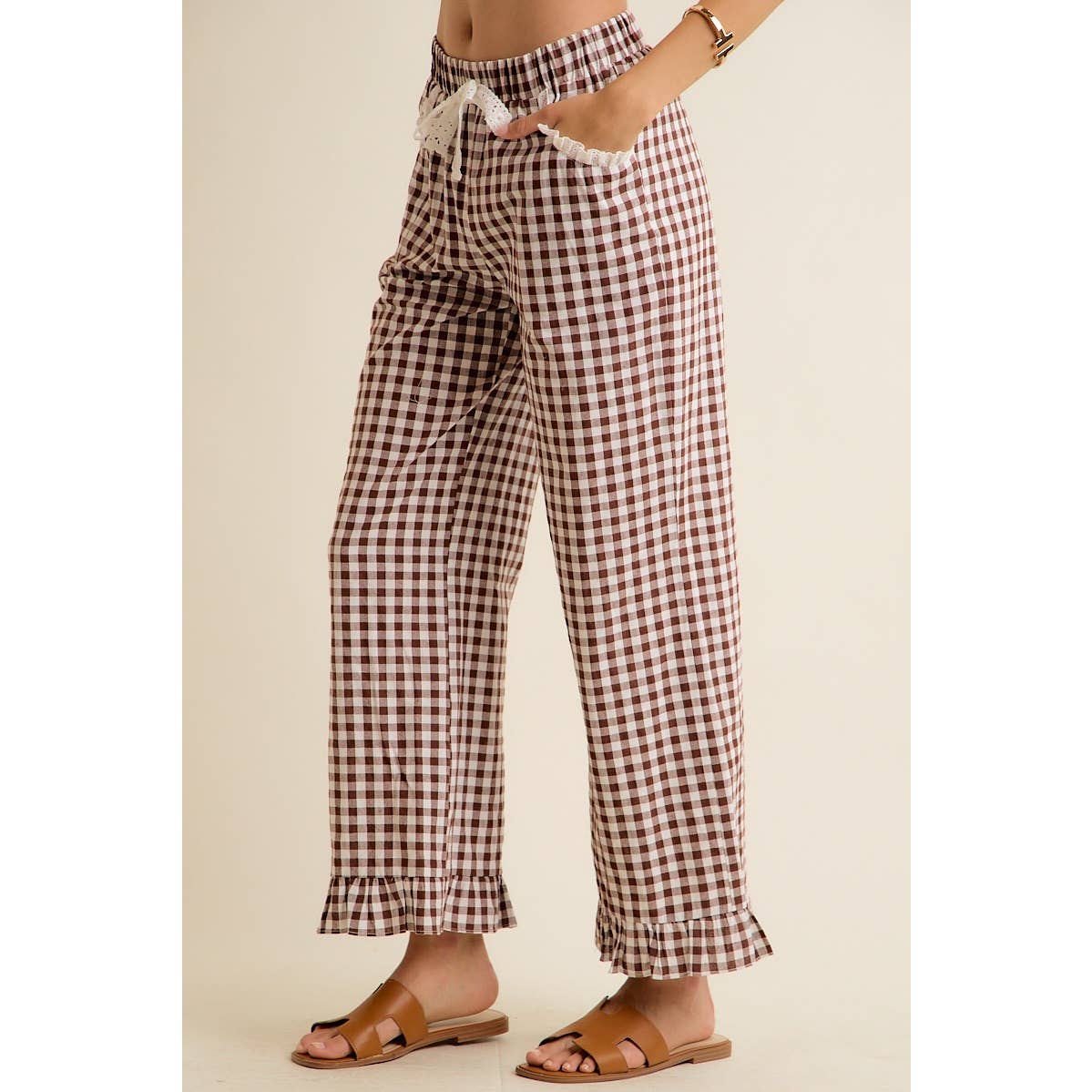Brown Gingham Lace Pants