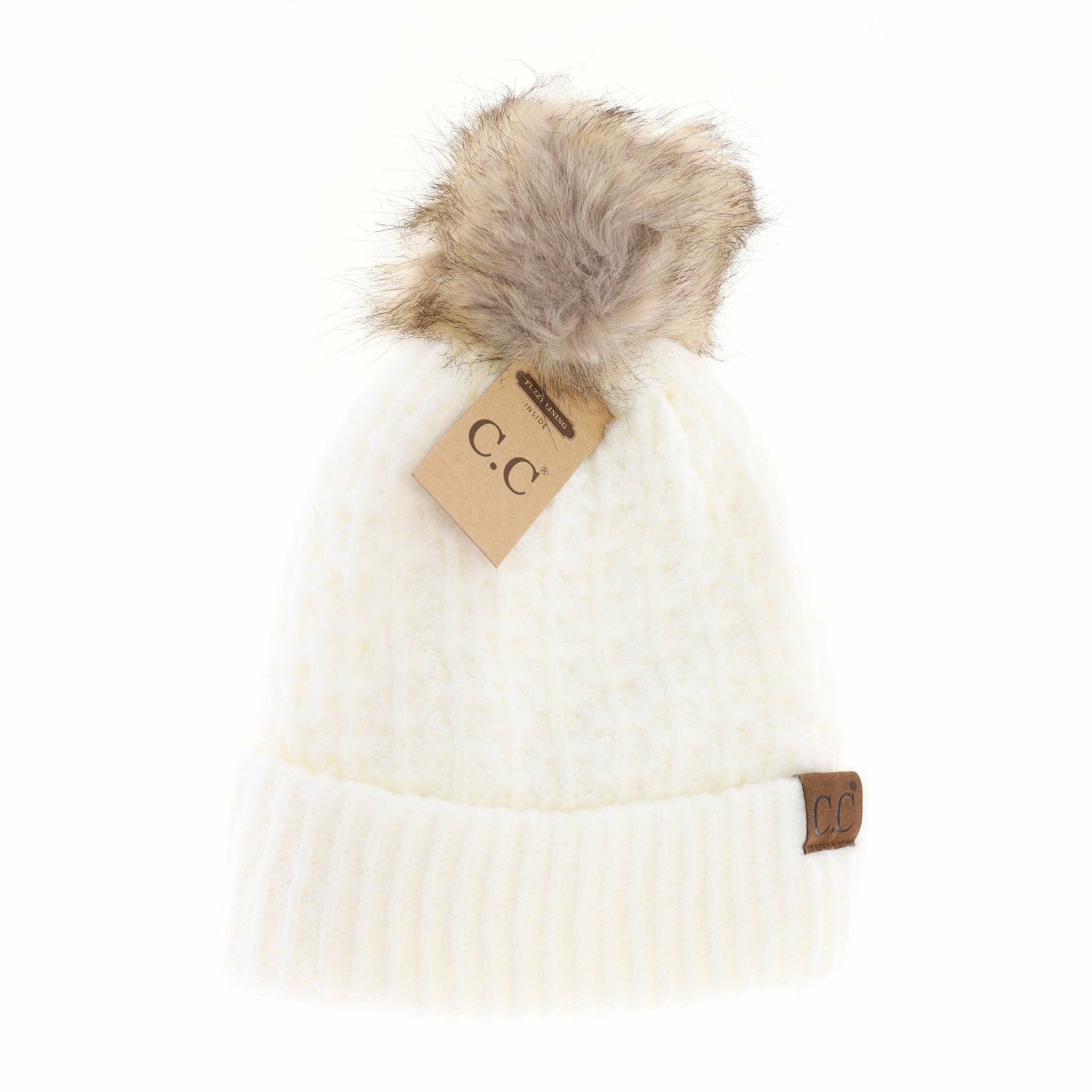 Ivory Smocked Stitch Fur Pom Beanie