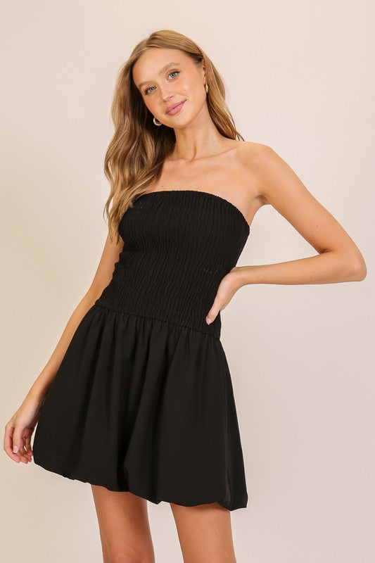 Black Smocked Puff Hem Dress