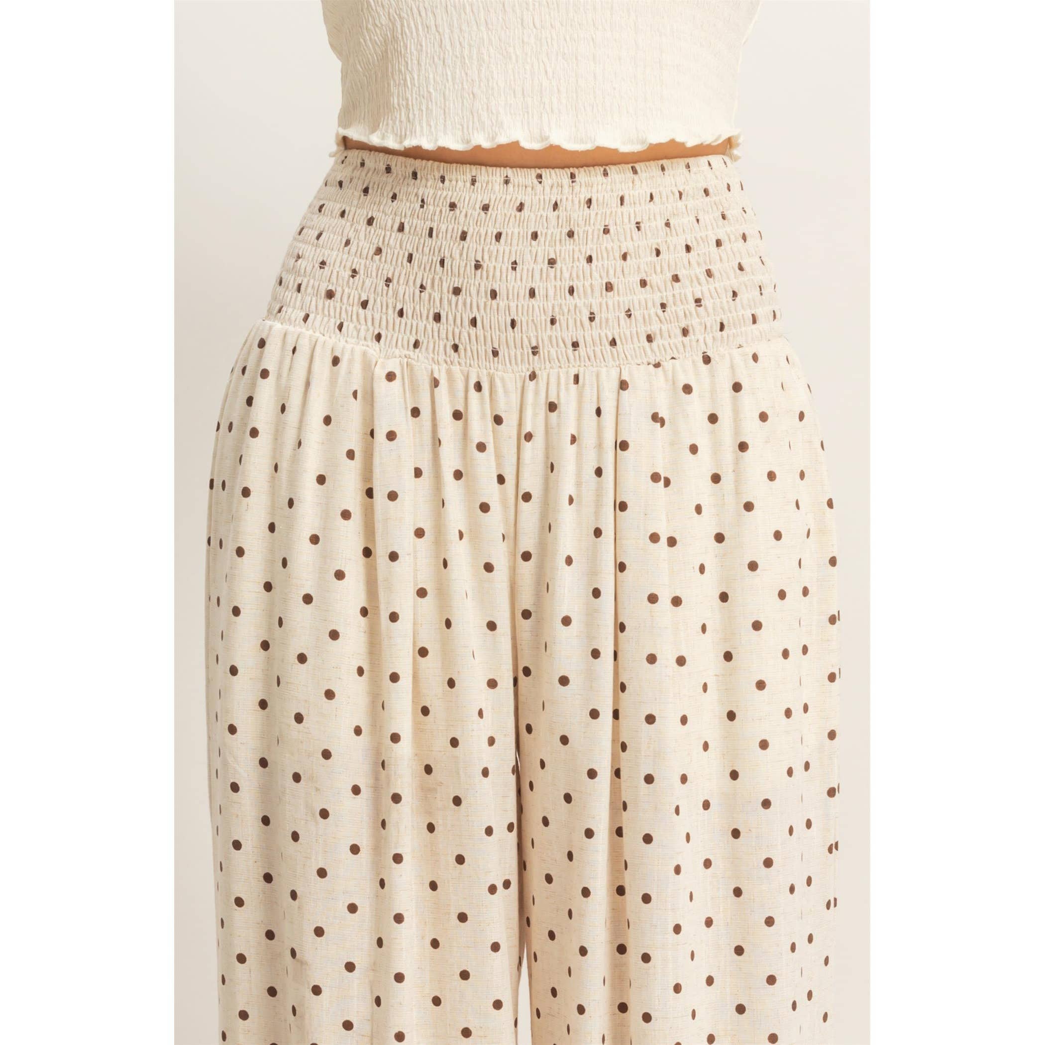 Oatmeal Polka Dot Elastic Wide-Leg Pants
