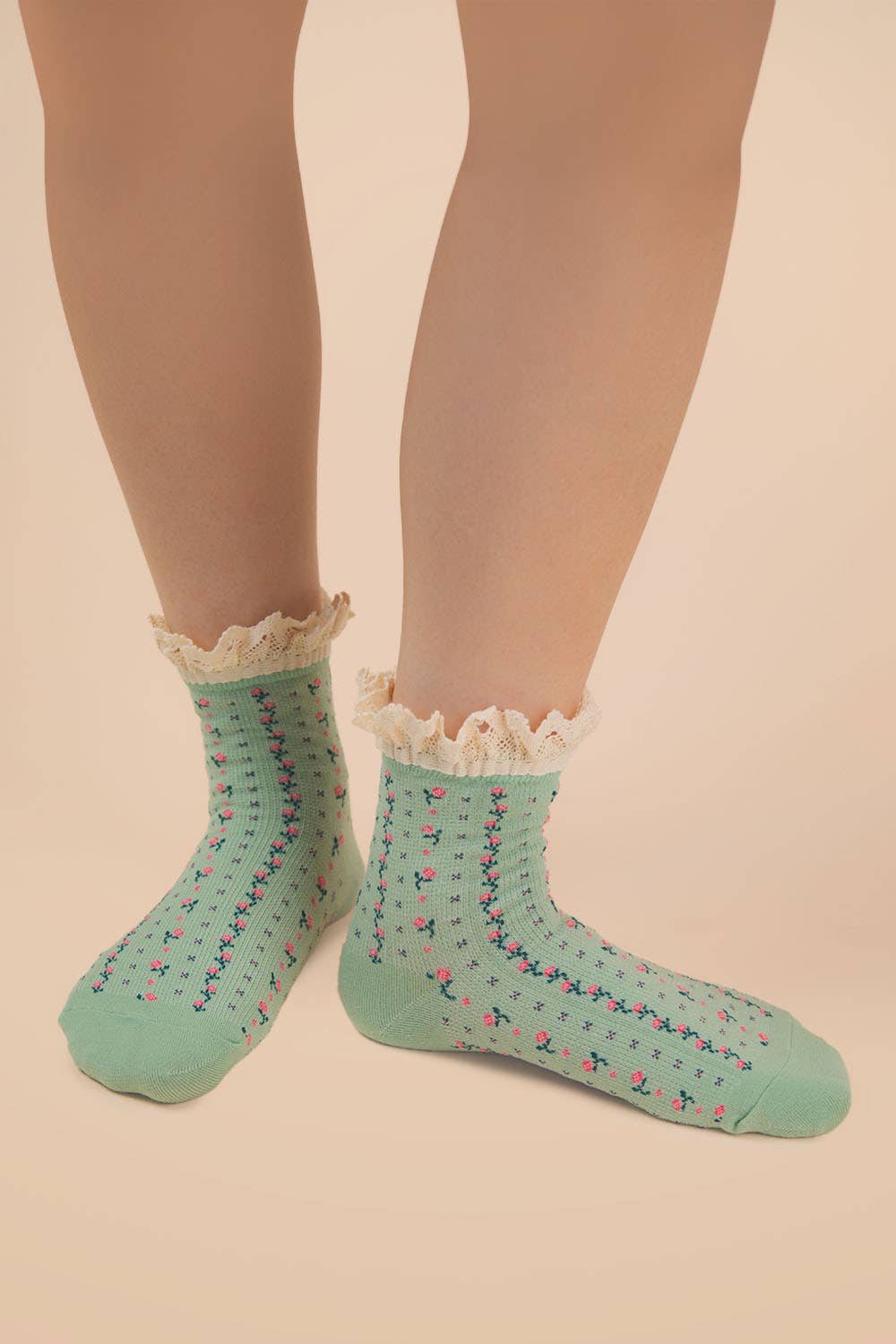 Sage Lace Trim Floral Crew Socks
