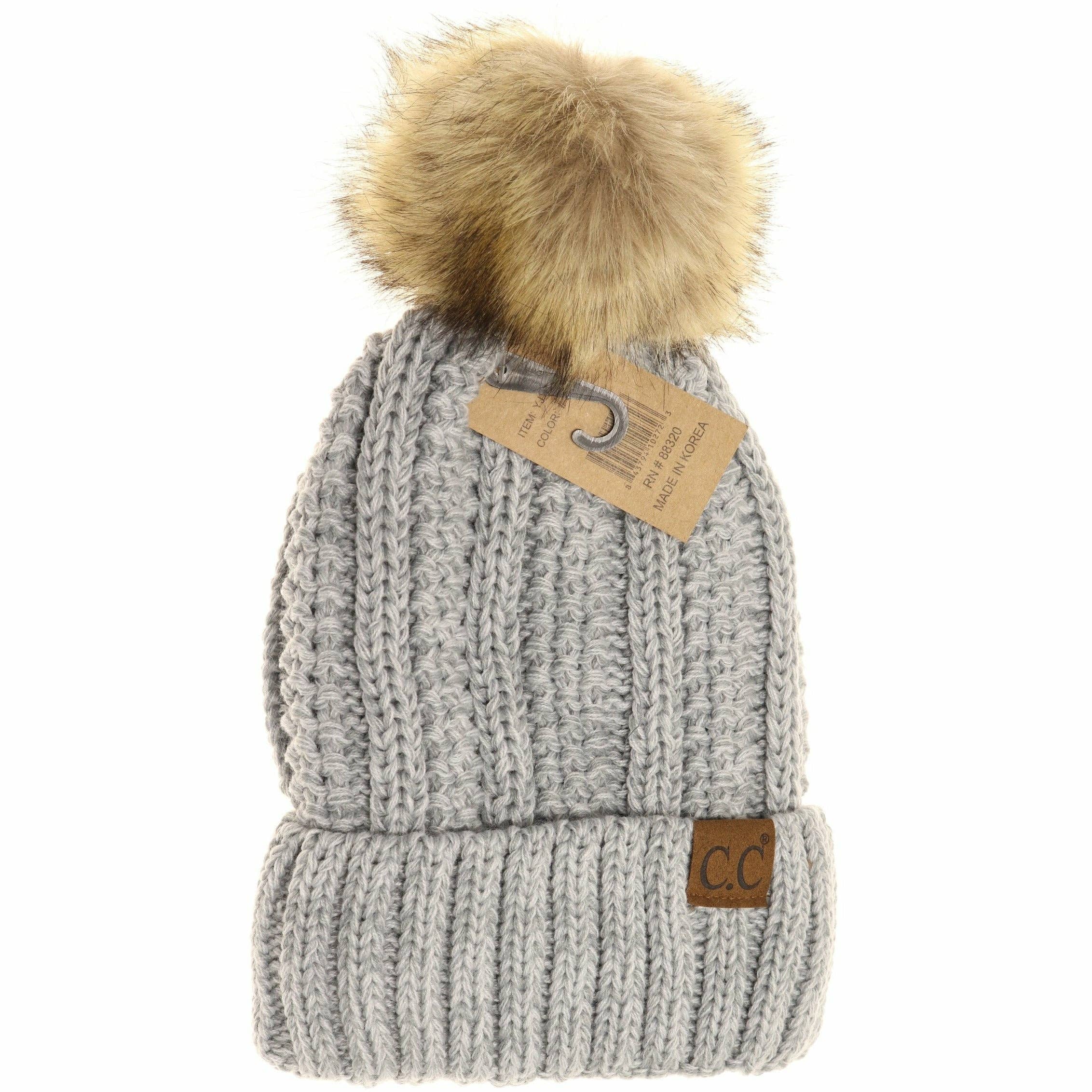 Grey Fuzzy Lined Multi Tone Fur Pom Beanie