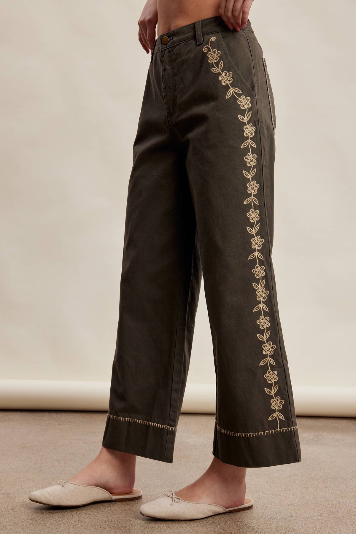 Olive Floral Embroidered Crop Wide-Leg Pants