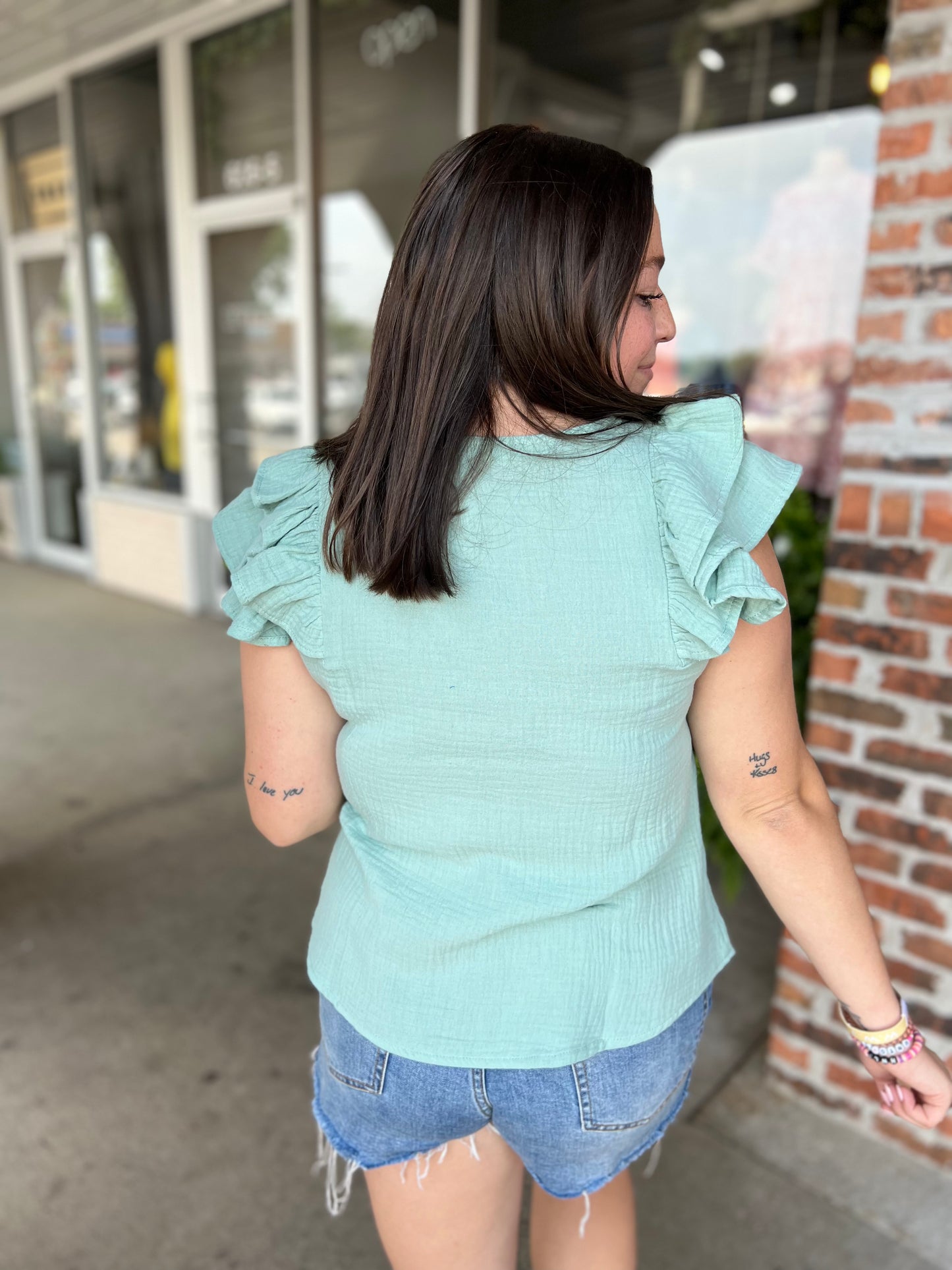 Mint Gauze Ruffle Top