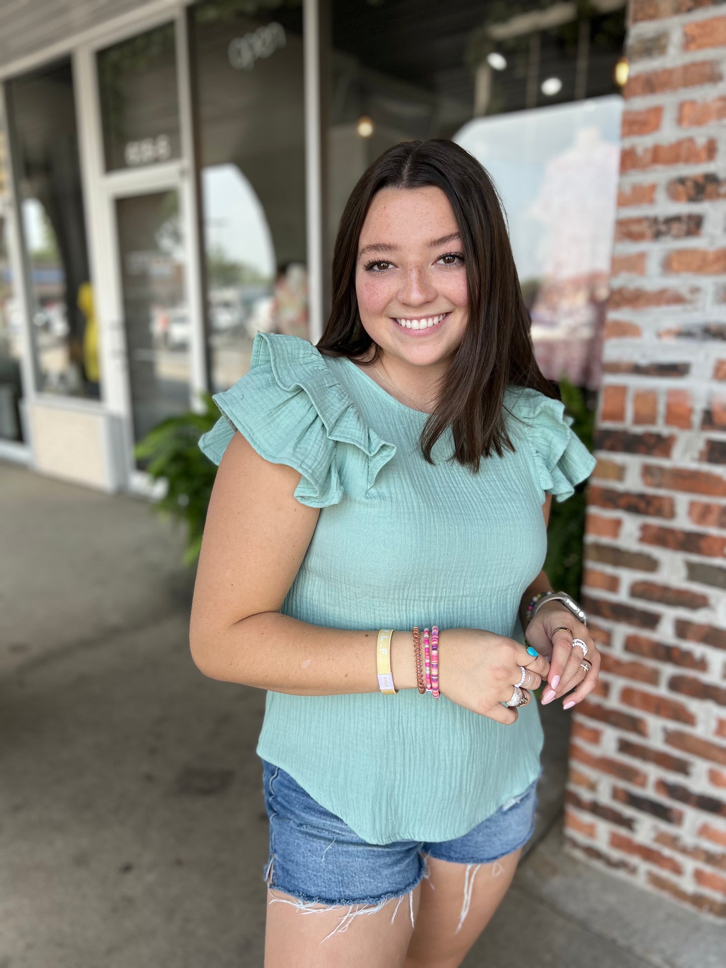 Mint Gauze Ruffle Top