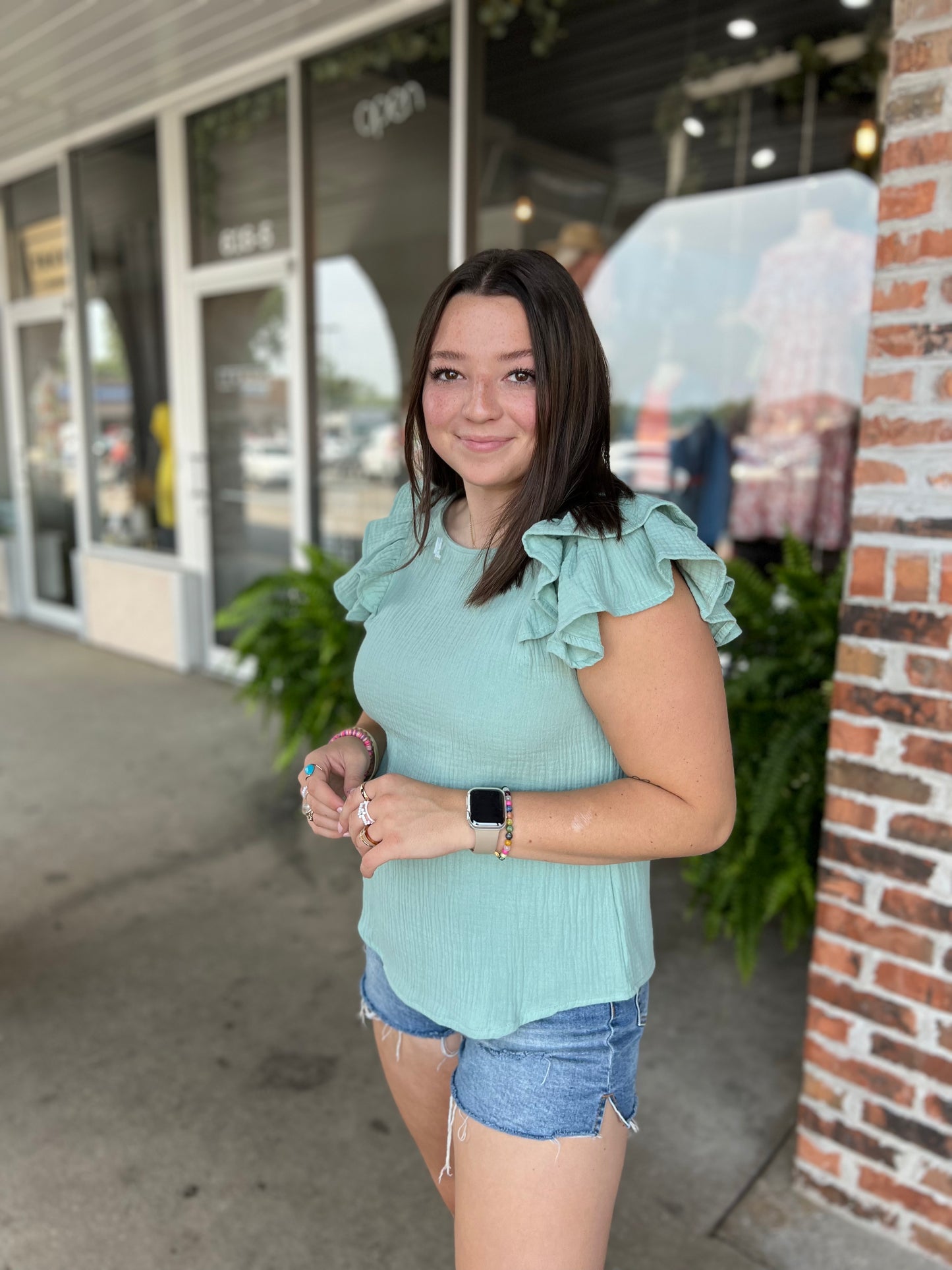 Mint Gauze Ruffle Top