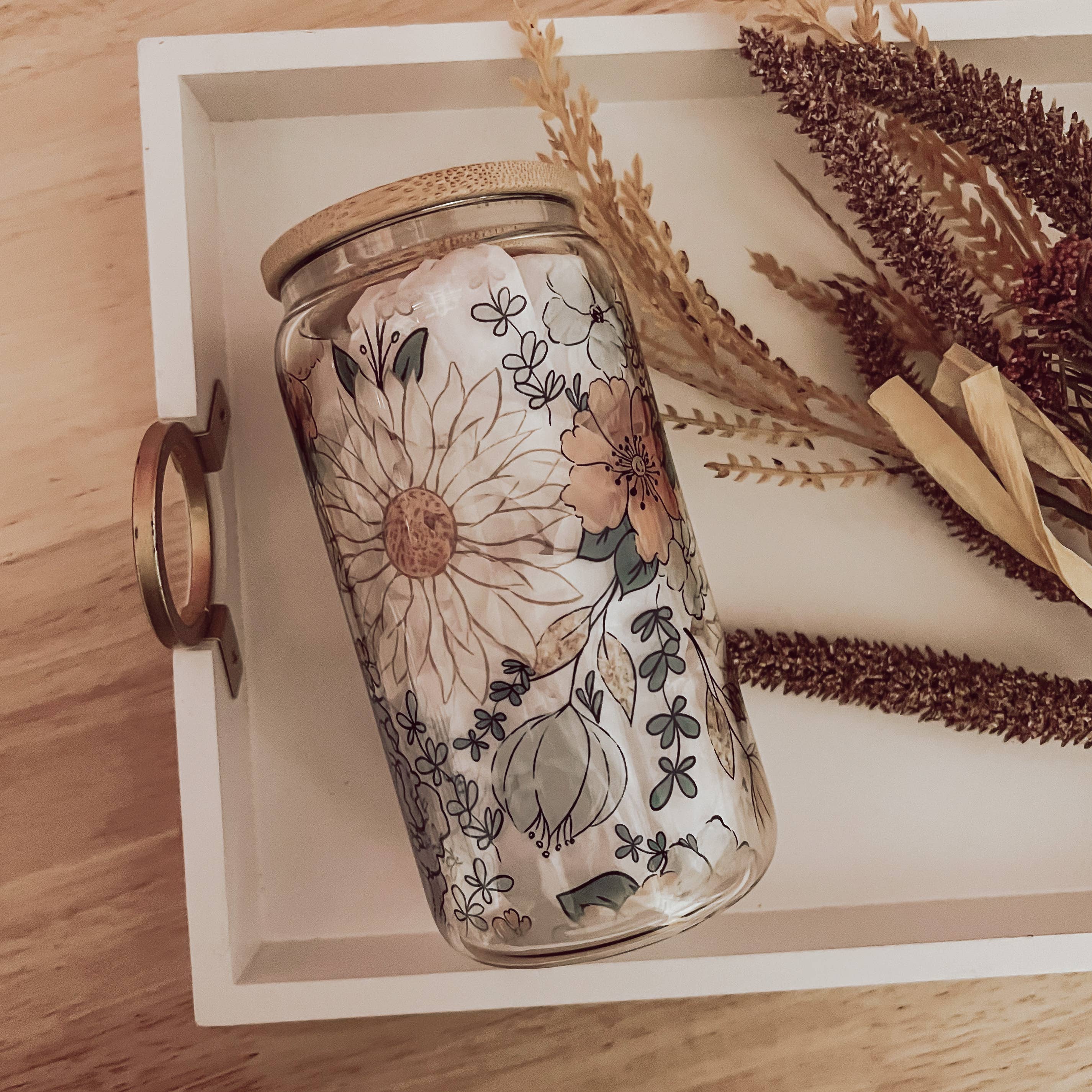 Sunflower Beer Can Glass | Summer Flowers | Libbey Glass Can | 16 oz. | 20  oz. | Bamboo Lid | Straws