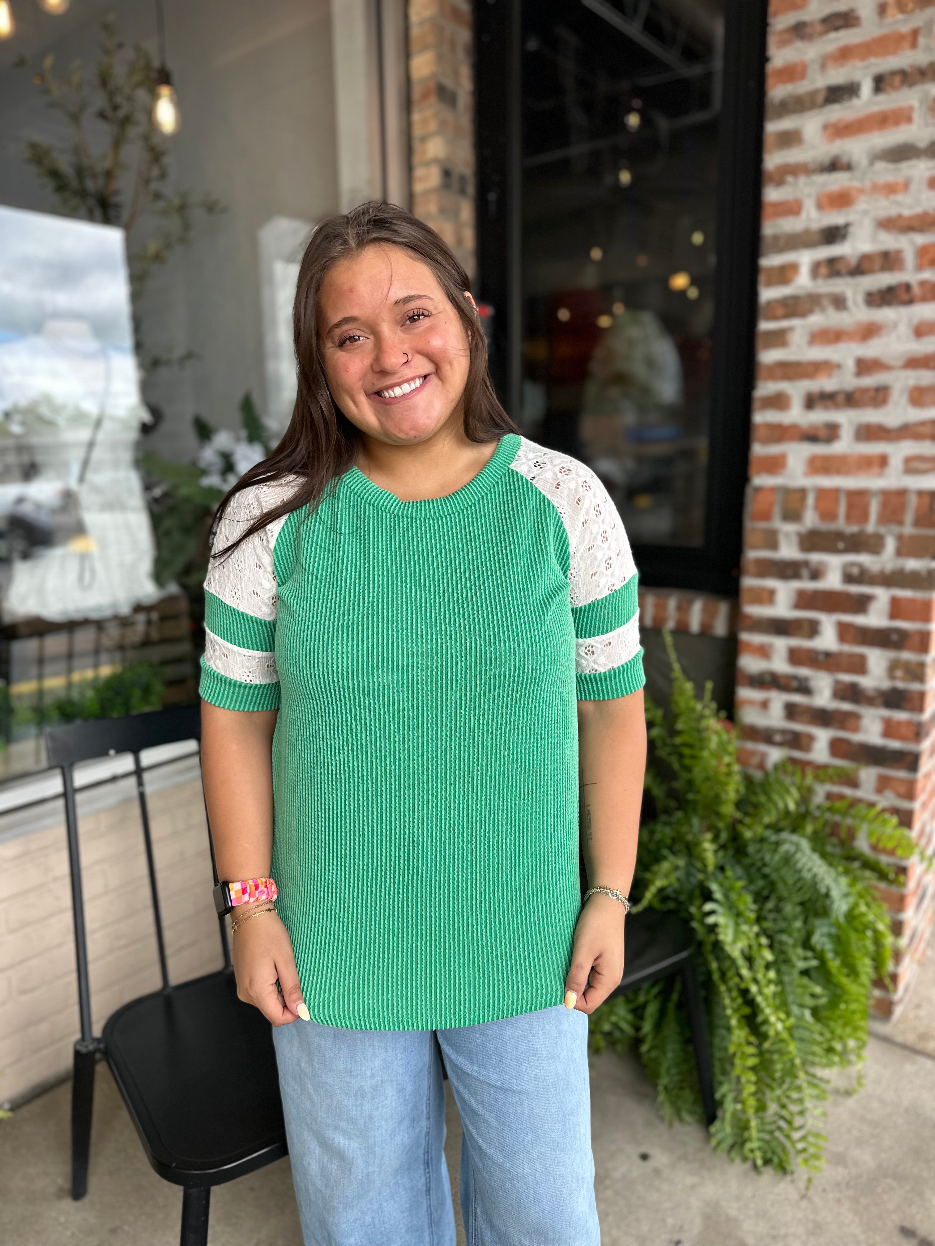 Green Ribbed Eyelet Lace Top - FINAL SALE