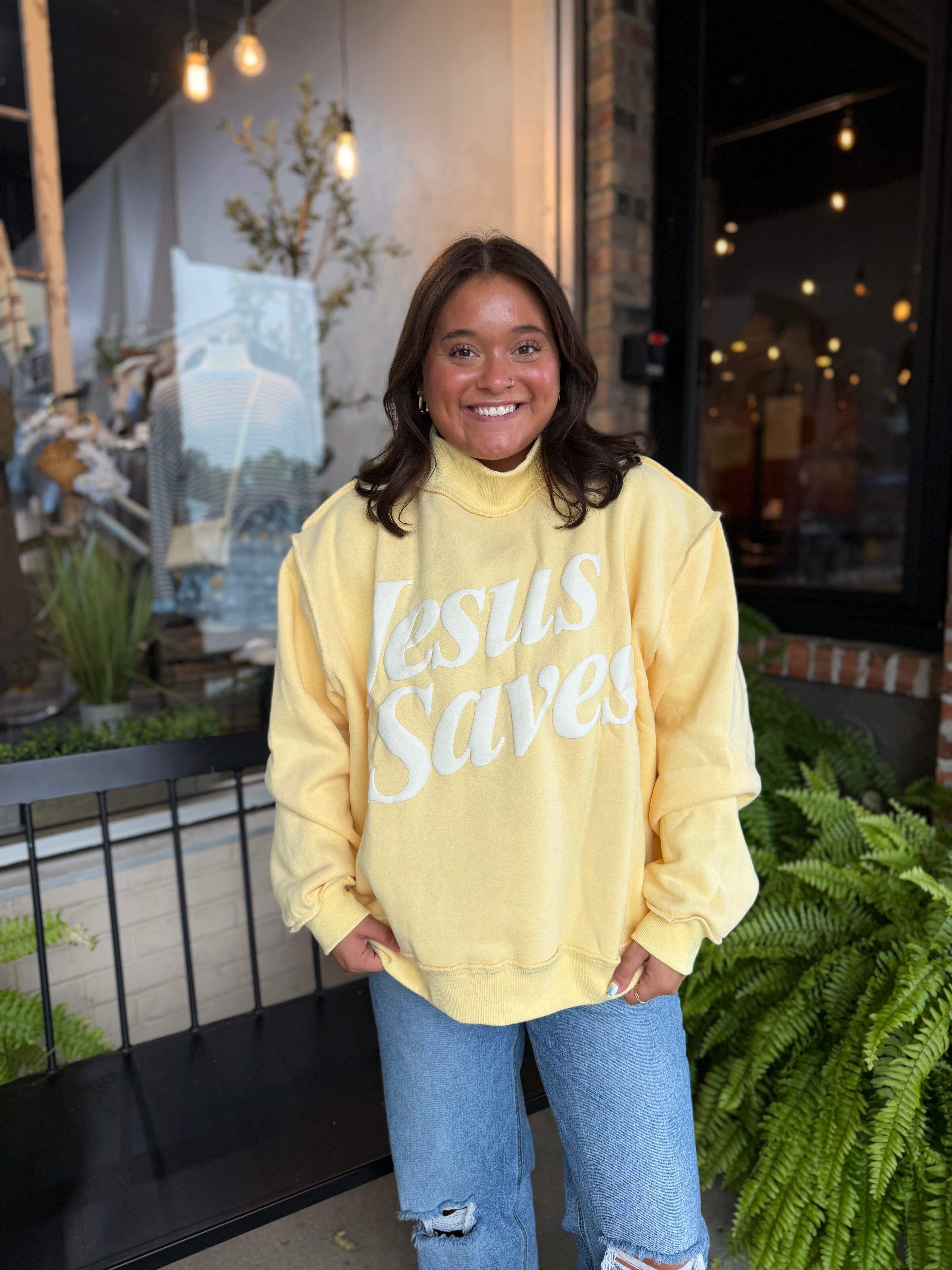 Yellow Jesus Saves Mock Neck Sweatshirt