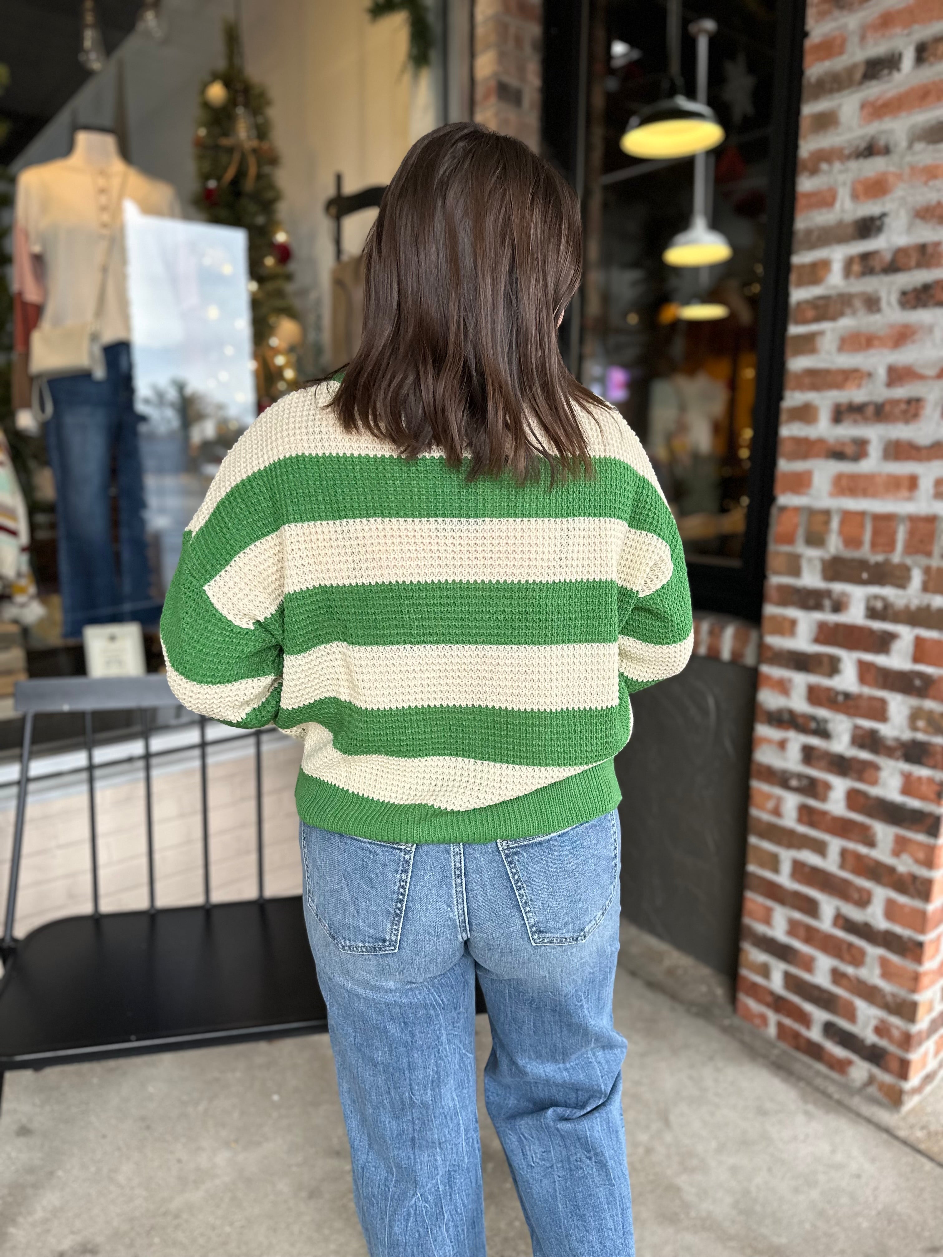 Green Stripe Round Neck Sweater