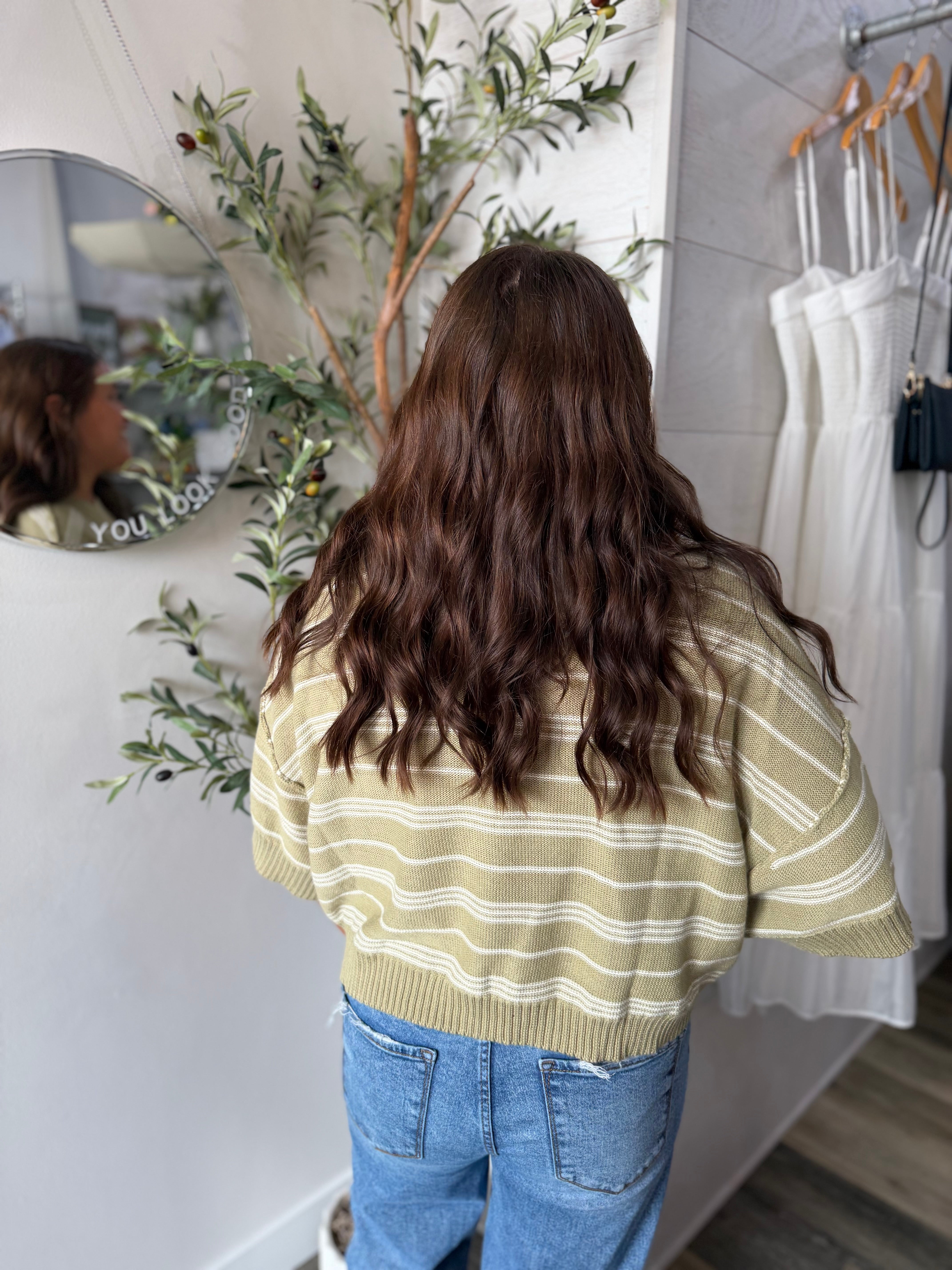 Olive Stripe Drop Shoulder Sweater