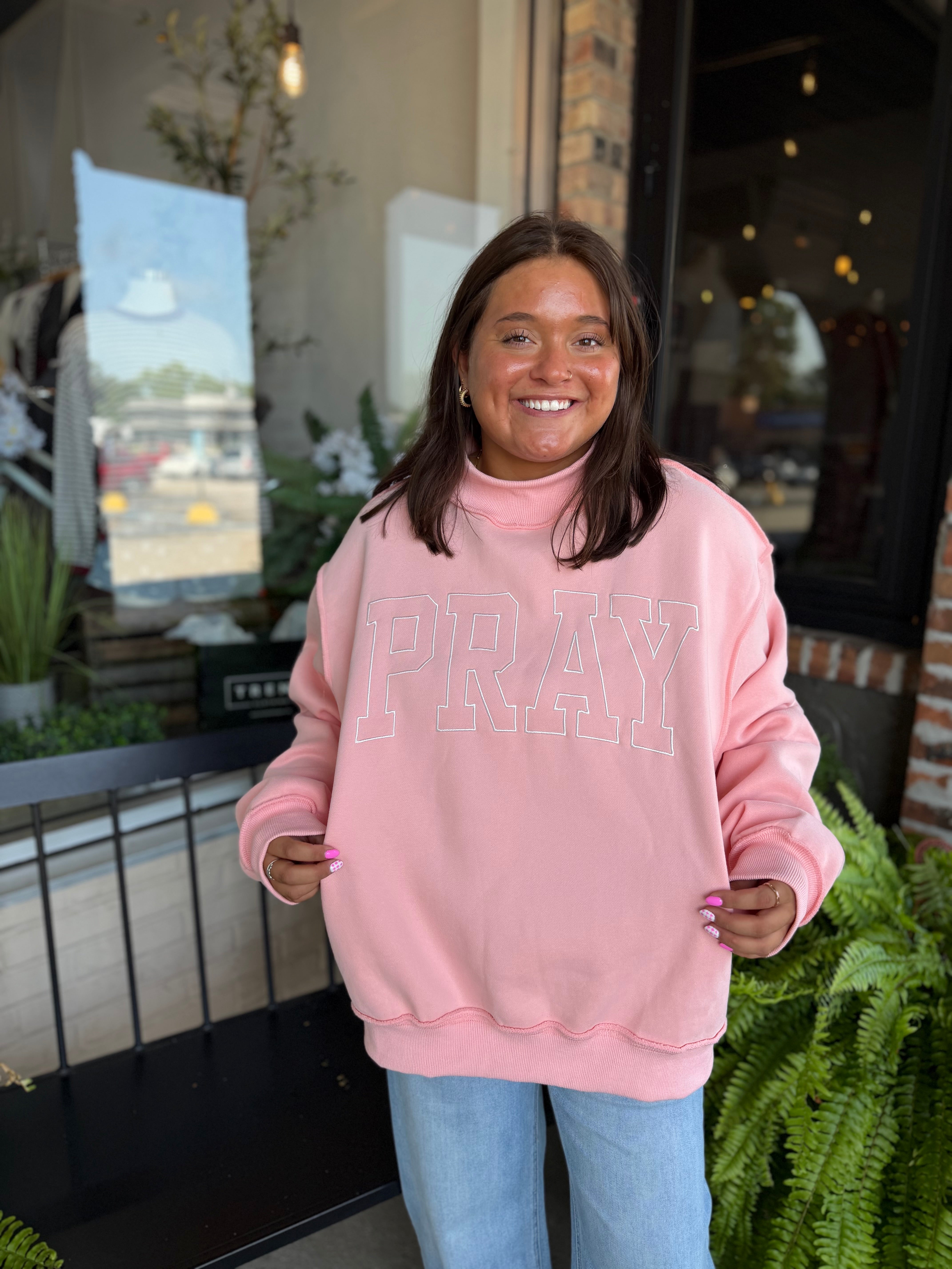 Pray Embroidered Mock Neck Sweatshirt