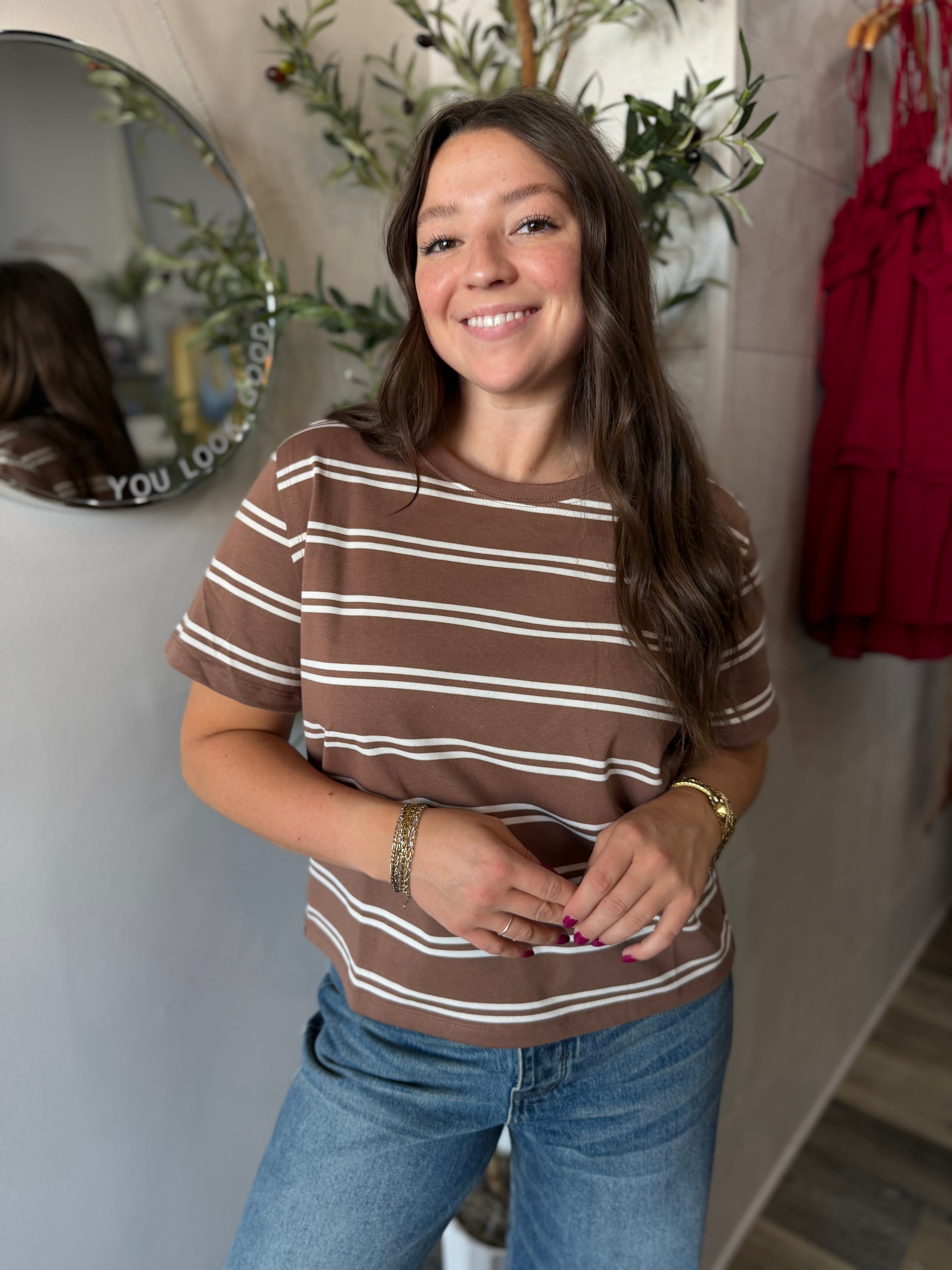 Brown Striped Boxy Short Sleeve Tee