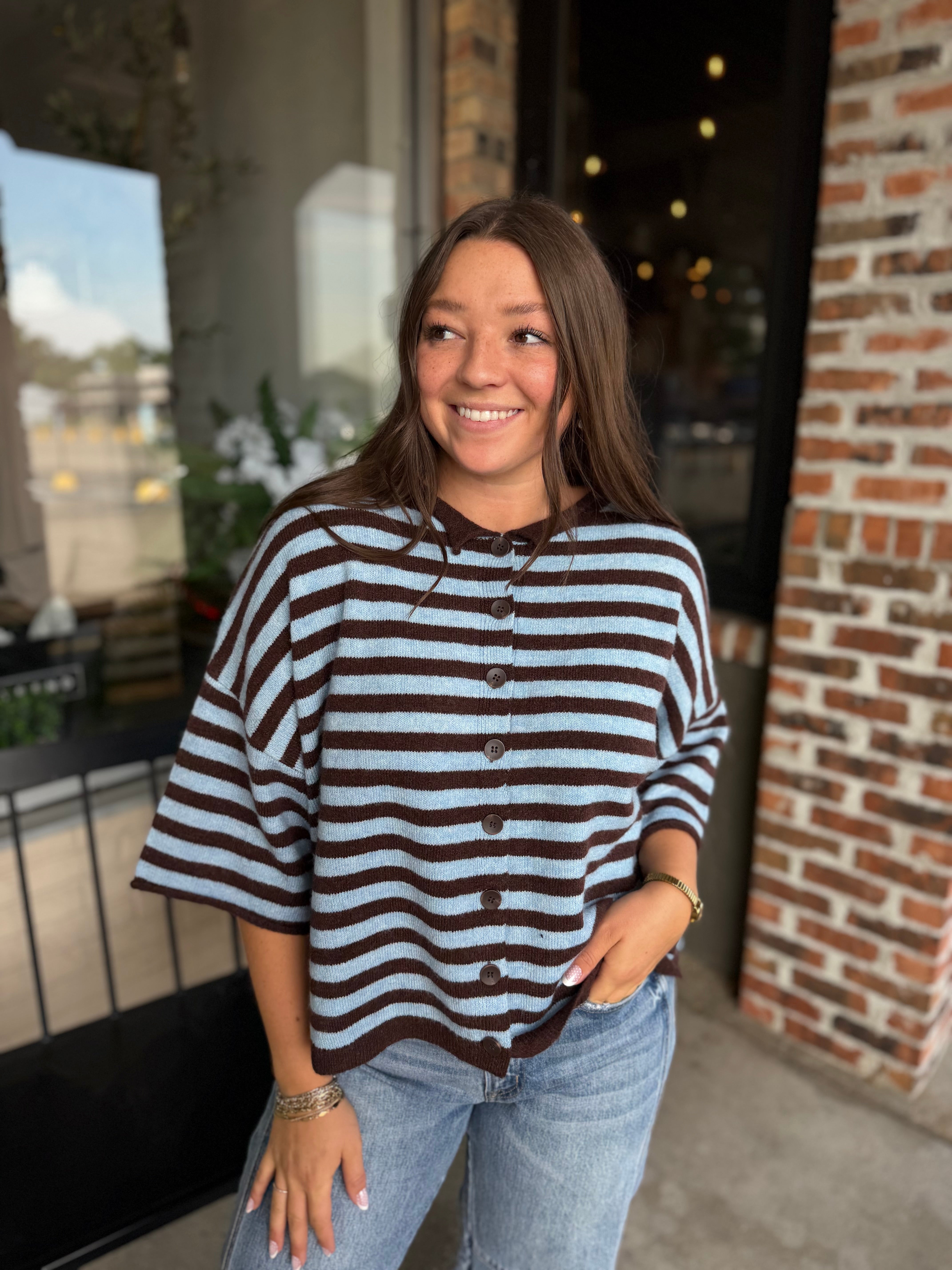 Brown Stripe Short Sleeve Cardi