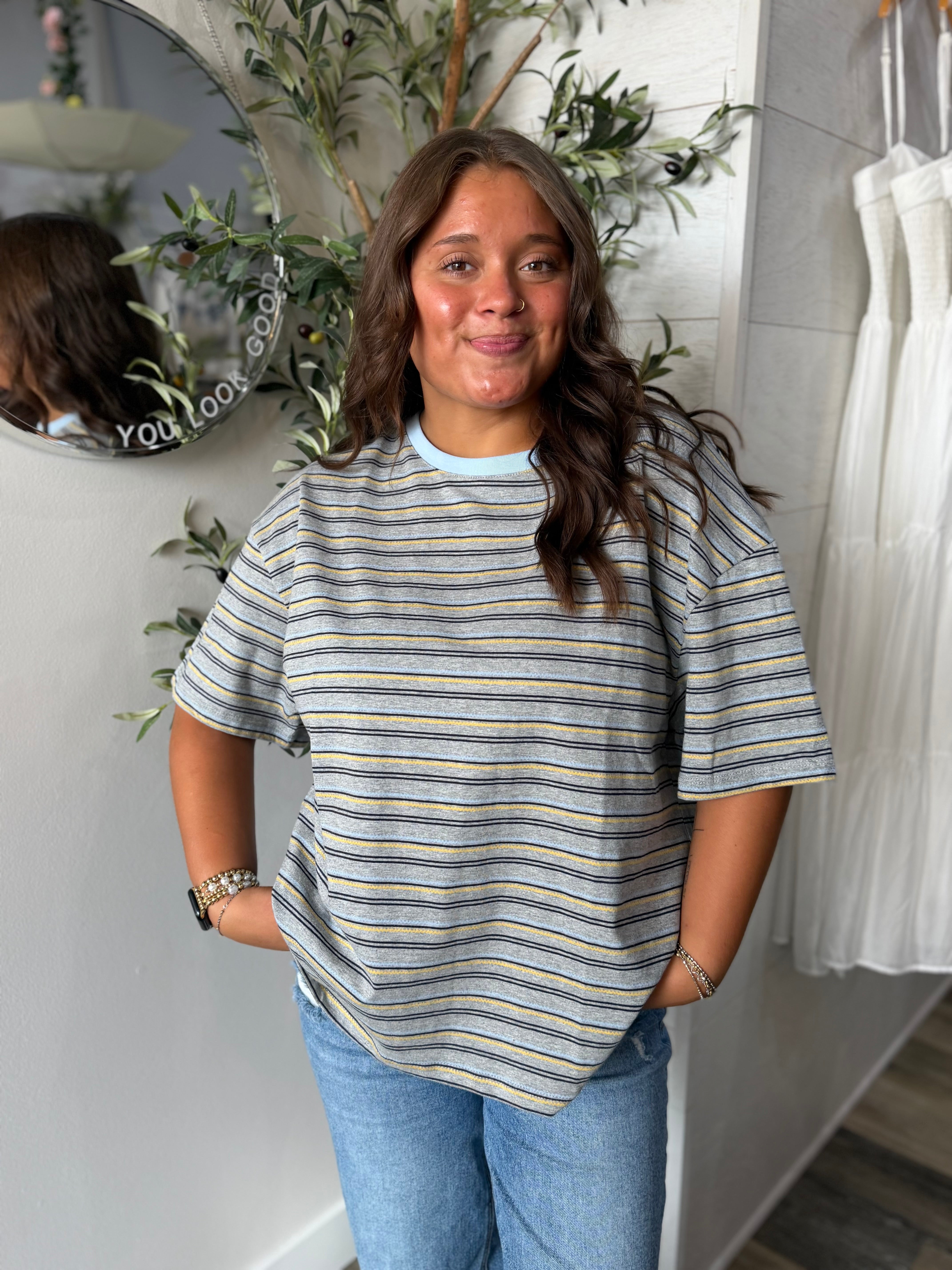 Grey Multi Stripe Short Sleeve Top