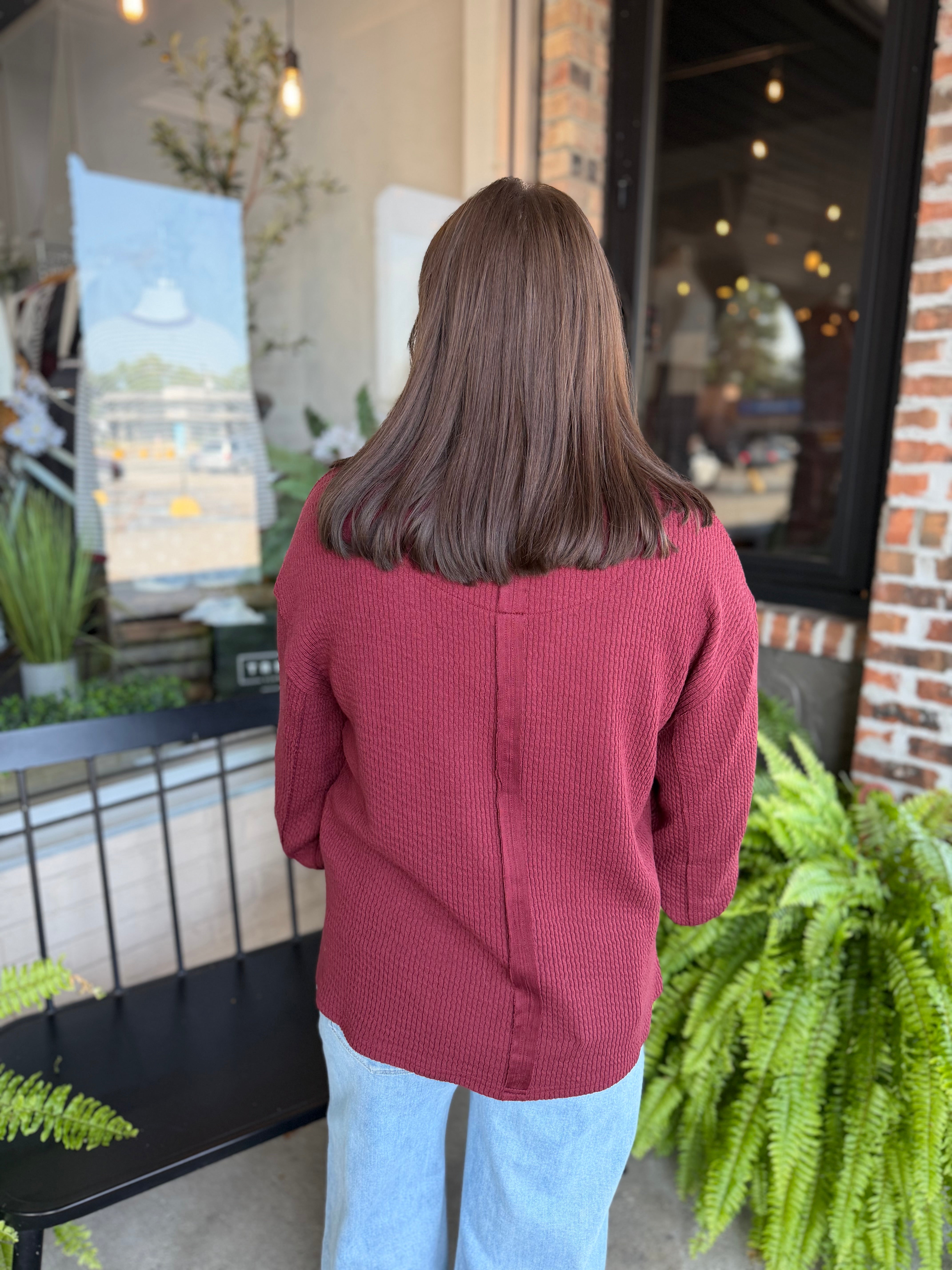 Burgundy Textured Exposed Seam Top