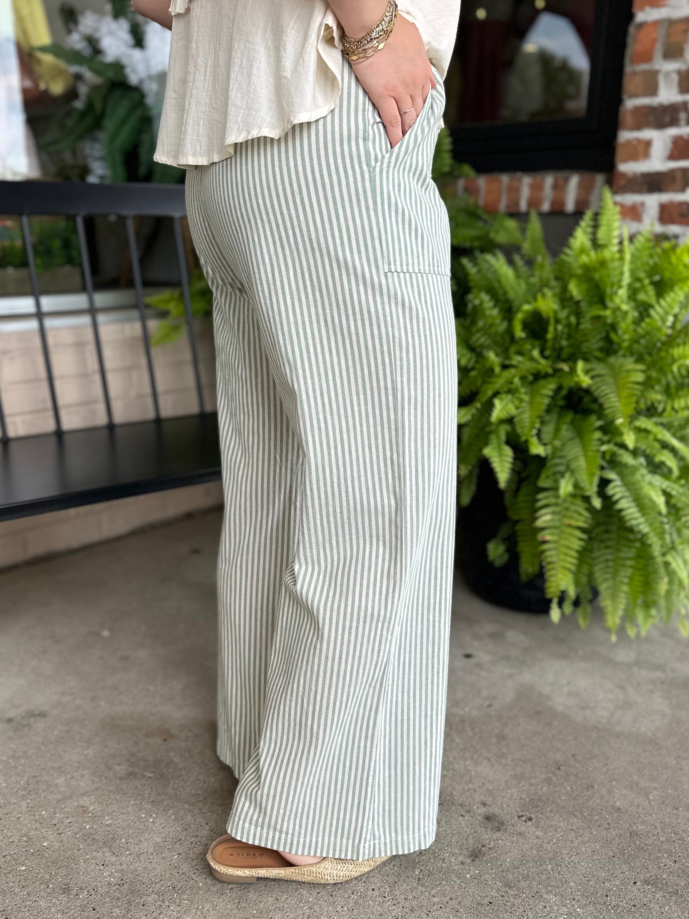 Sage Striped Wide Linen Pants