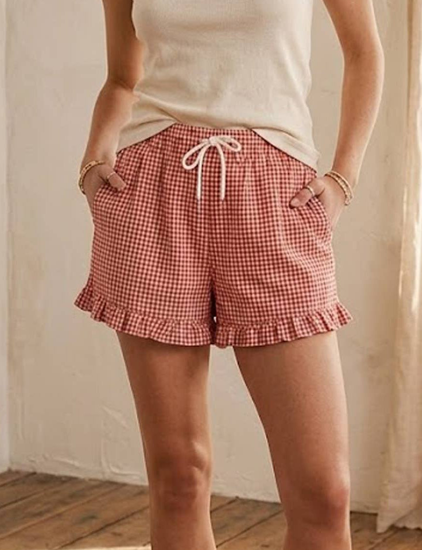 Red Checkered Woven Ruffle Hem Shorts