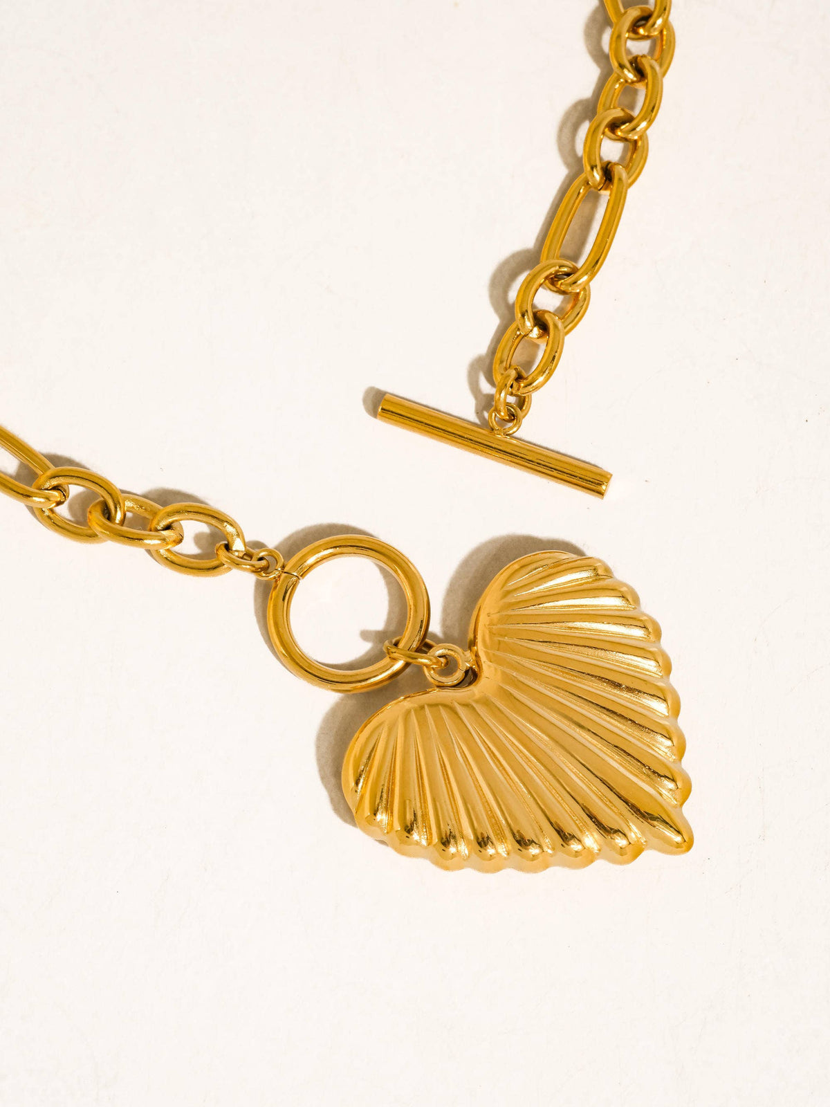 Gold Non-Tarnish Large Ribbed Heart Necklace