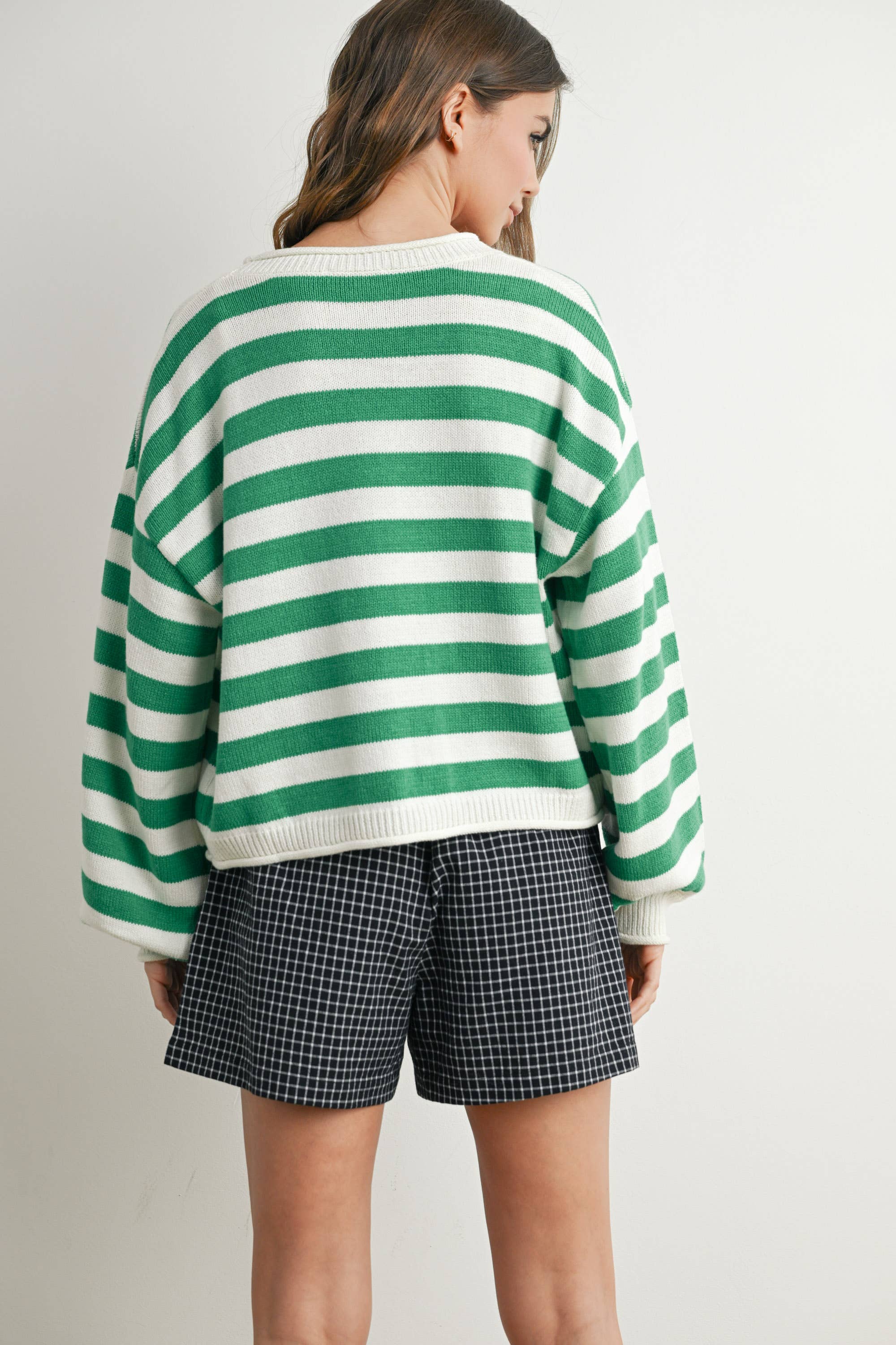 Green Button Front Stripped Sweater