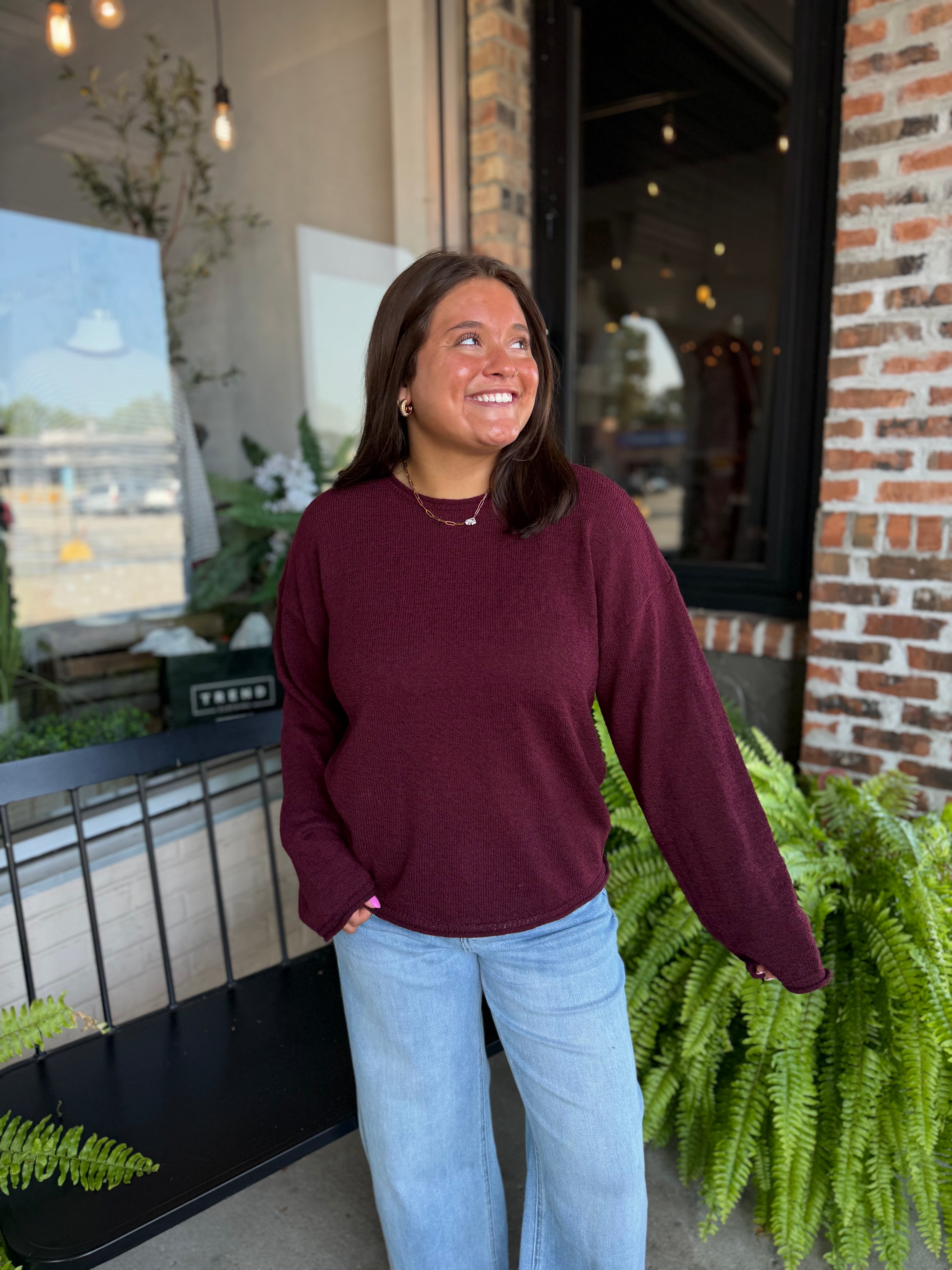 Burgundy Raw Edge Knit Sweater