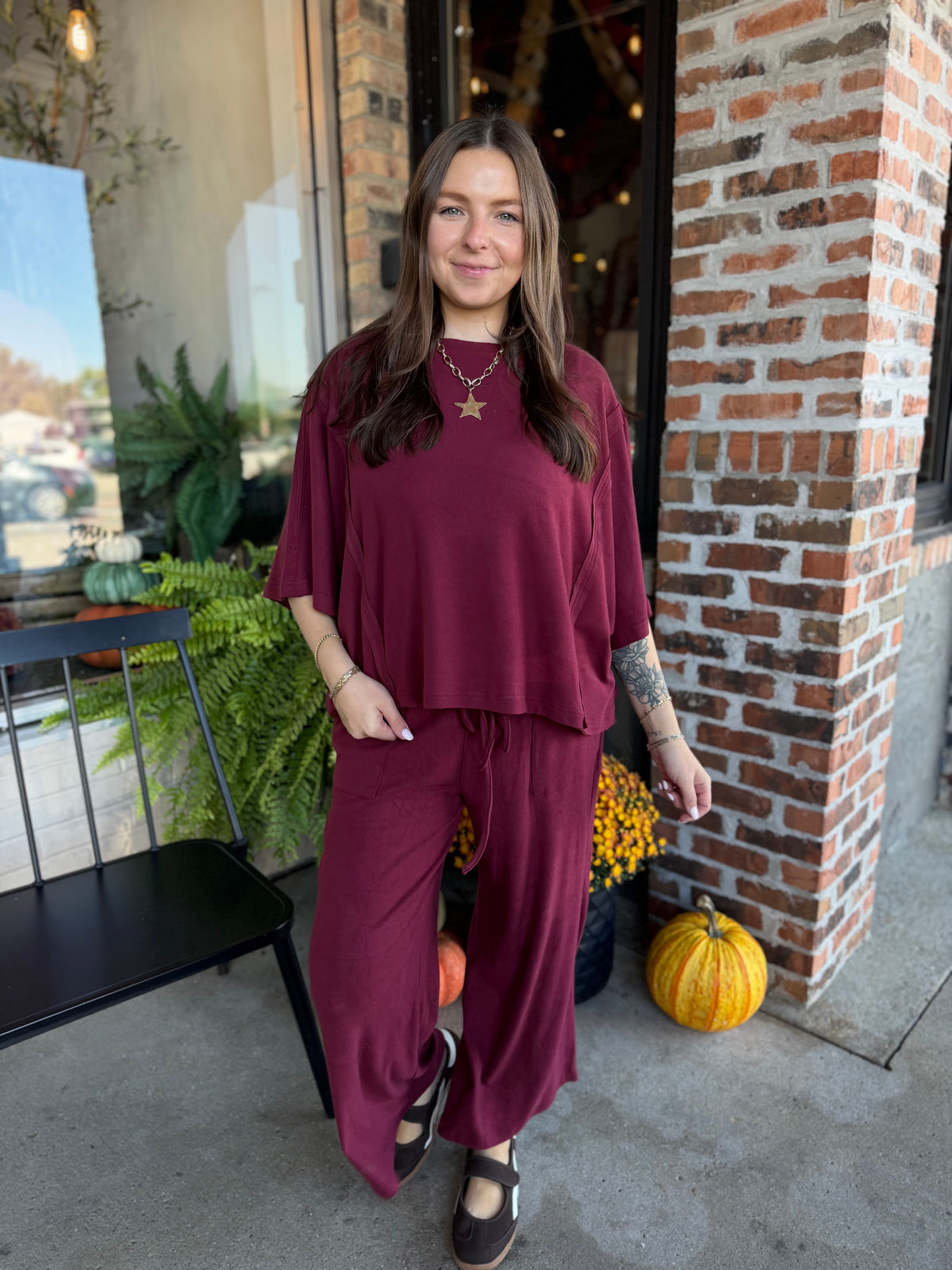 Burgundy Brushed Wide Leg Pants