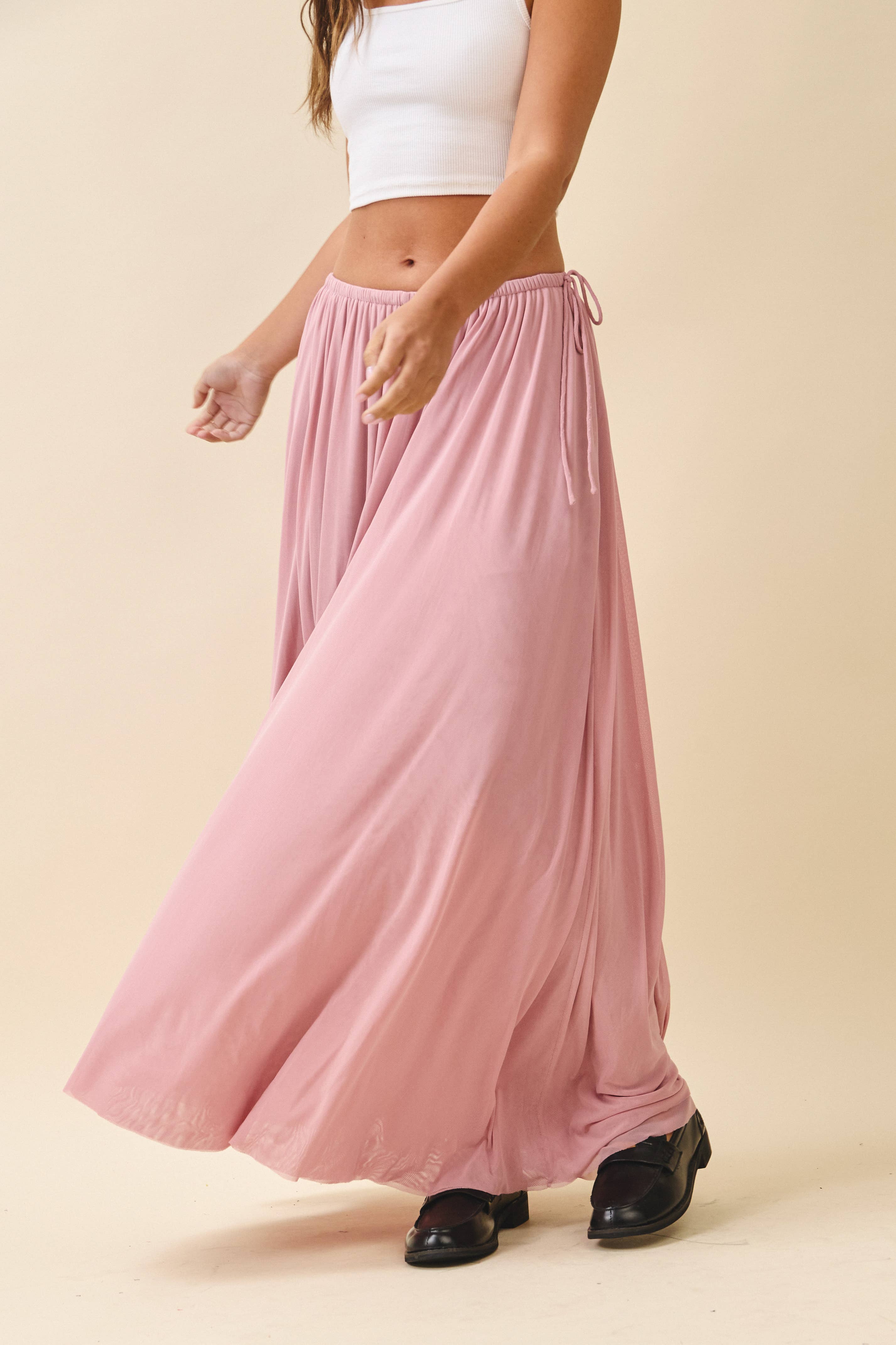 Pink Flowy Mesh Maxi Skirt