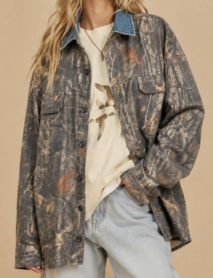 Denim Collar Camo Shacket